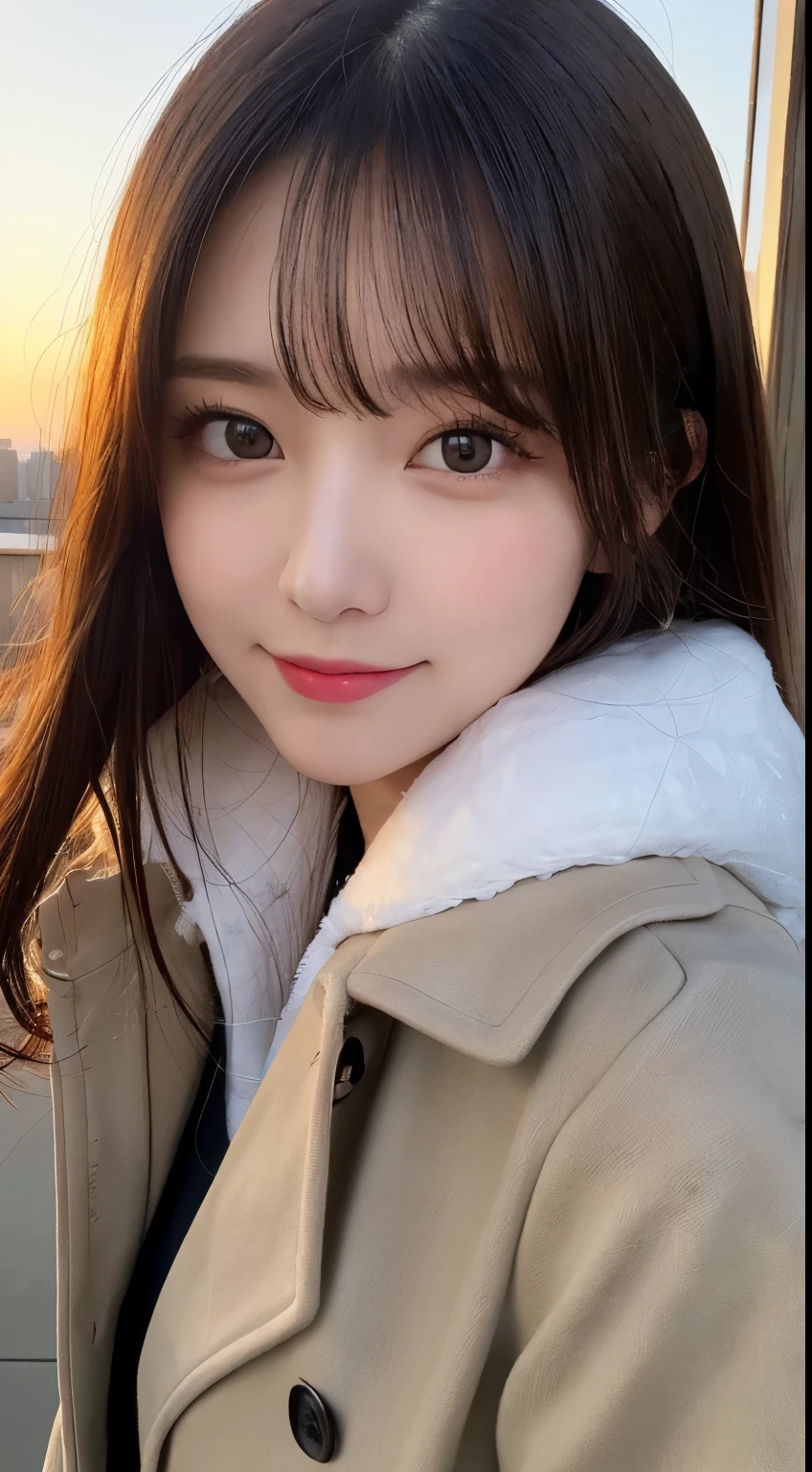 table top, highest quality, shape, Super detailed, finely, High resolution, 8k wallpaper, 完璧なダイナミックな構shape, beautiful and detailed eyes, Gorgeous black fluffy Tokyo winter clothes,ランダムなcute髪,,natural color lip, bold sexy pose,smile、20 year old girl、cute、sexy shot looking at camera,Always blur the background,perfect and beautiful face,Take only the face,Beautiful and dense face、slim face and style,Big eyes、Do gal makeup,small face,wear a spring trench coat、Shoot from below、sunset、Smile