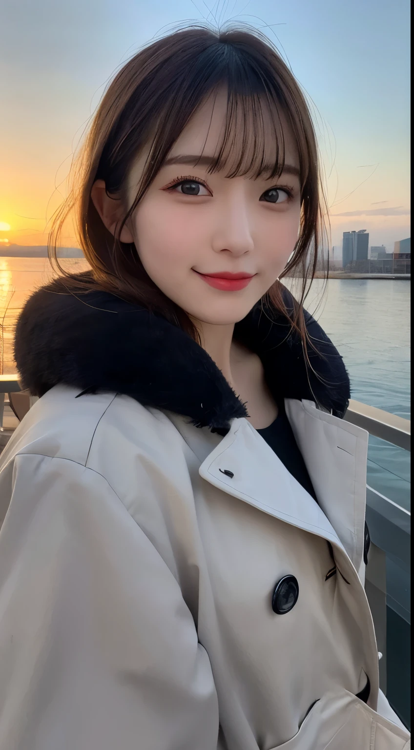 table top, highest quality, shape, Super detailed, finely, High resolution, 8k wallpaper, 完璧なダイナミックな構shape, beautiful and detailed eyes, Gorgeous black fluffy Tokyo winter clothes,ランダムなcute髪,,natural color lip, bold sexy pose,smile、20 year old girl、cute、sexy shot looking at camera,Always blur the background,perfect and beautiful face,Take only the face,Beautiful and dense face、slim face and style,Big eyes、Do gal makeup,small face,wear a spring trench coat、Shoot from below、sunset、Smile