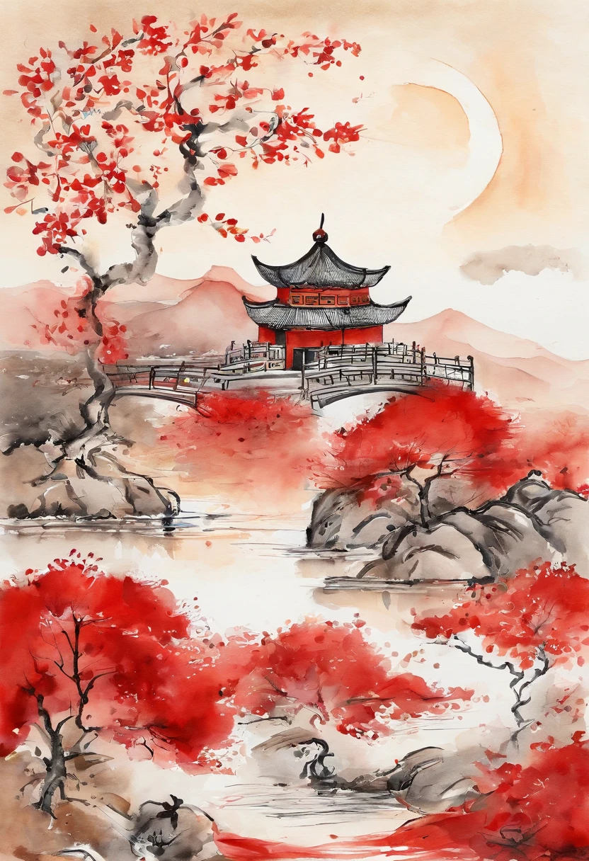 illustration，chinese music, chinese orchestra, Luxury，Overall bright red tone，Thin gold wire，flat style，No characters，Linear illustration - 9:16 resolution - the style is expressive