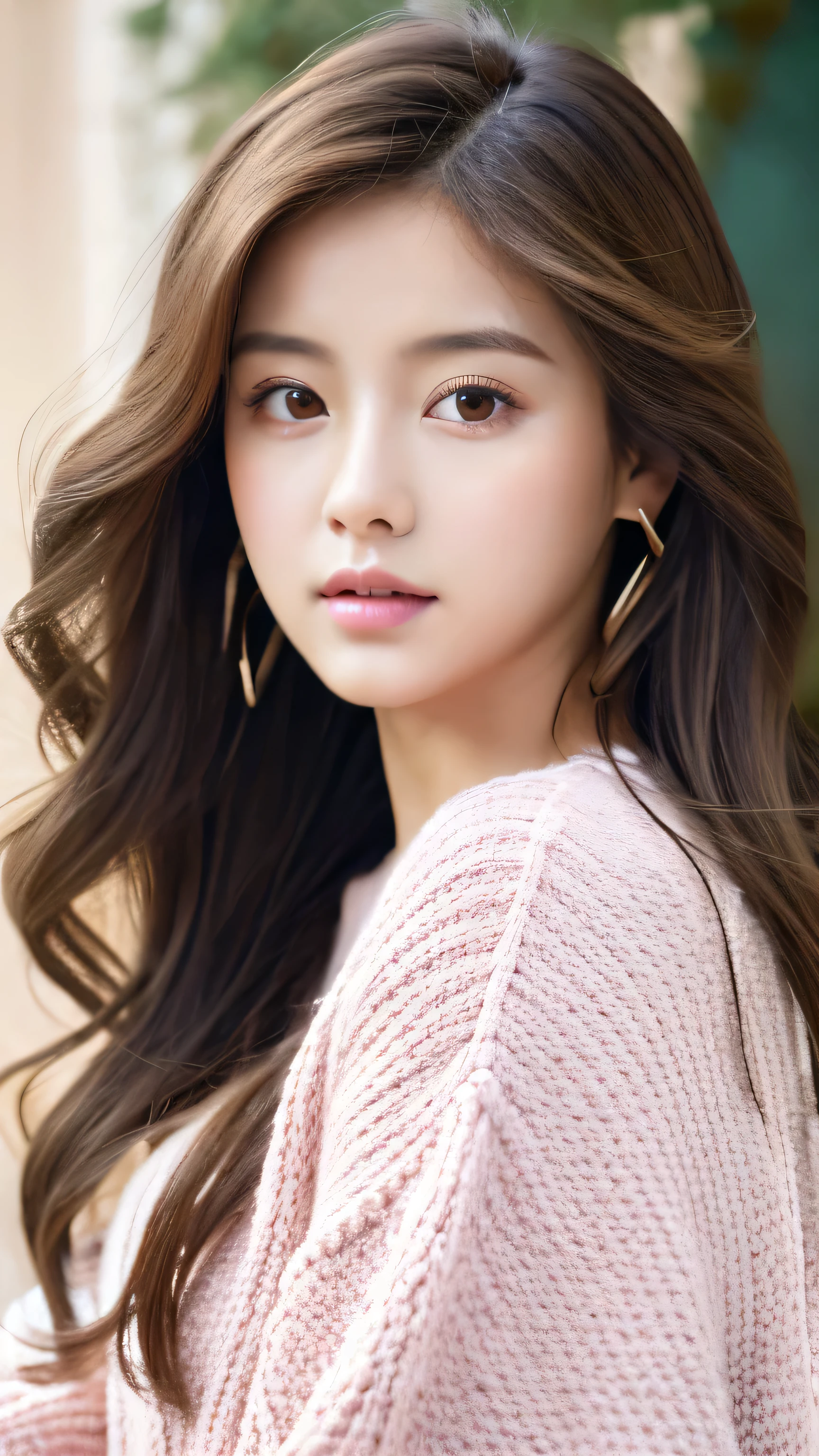 girl, long brown hair, black eye, white skin, pink lips, wavy hairstyle, sweater, brown jacket,realistic,delicate images,High resolution
