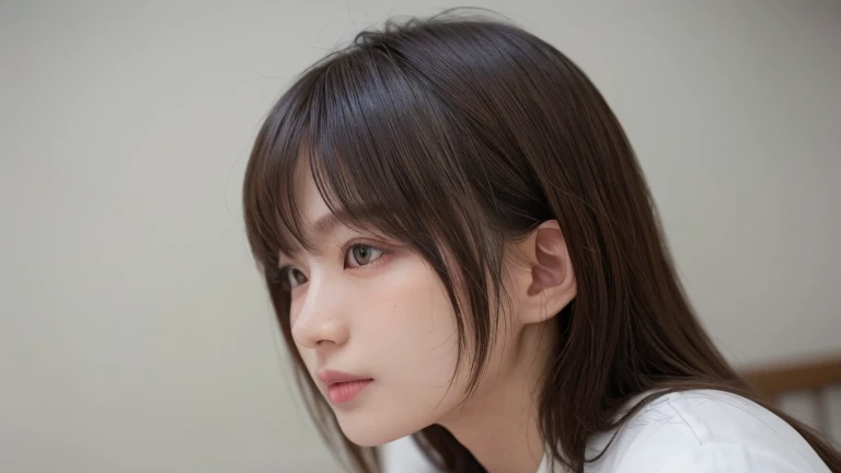 (long hair, bangs:1.2),(wearing a blouse:1.2),1 girl,Japanese,21 years old,(small breasts:1.3),(highest quality,masterpiece:1.3,超A high resolution,),(Super detailed,caustics),(Photoreal:1.4,RAW shooting,)ultra-realistic capture,very detailed,High resolution 16K human skin close-up。 natural skin texture、,The pores are、、、、、、Must be detailed enough to be easily identified。 Skin should look even-toned and healthy。 Use natural light and color, sad expression, look at the camera, perfect dynamic composition, my room, A scene from a movie