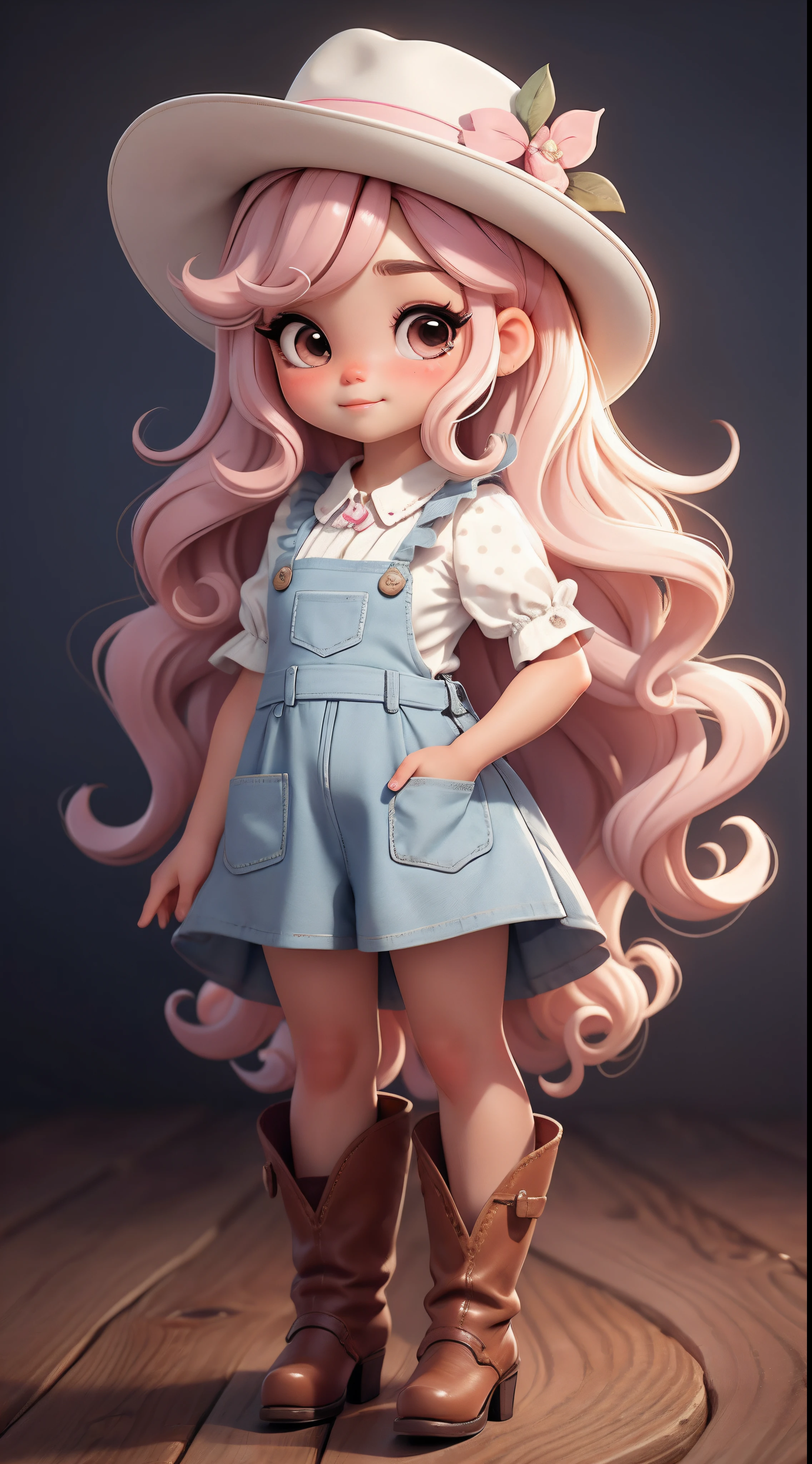 Create a series of cute baby style chibi dolls with a cute cowgirl theme, each with lots of detail and in an 8K resolution. All dolls should follow the same solid background pattern and be complete in the image, mostrando o (corpo inteiro, incluindo as pernas: 1.5)

Boneca cowgirl: Chame-a de Mia. She must have medium wavy mixed hair. Seus olhos devem ser grandes e curiosos, with long eyelashes and slightly pinkish cheeks. Mia should be dressed in a delicate jumpsuit, cowboy boot and a polka dot blouse and a cowboy hat is cute. She must hold farm accessories. Add details like pockets and ruffles to the apron to make it even more charming, sapato bonito

Certifique-se de adicionar sombras, texturas e detalhes nos cabelos, roupas, Cute cowboy utensils, to make them even more adorable and charming.