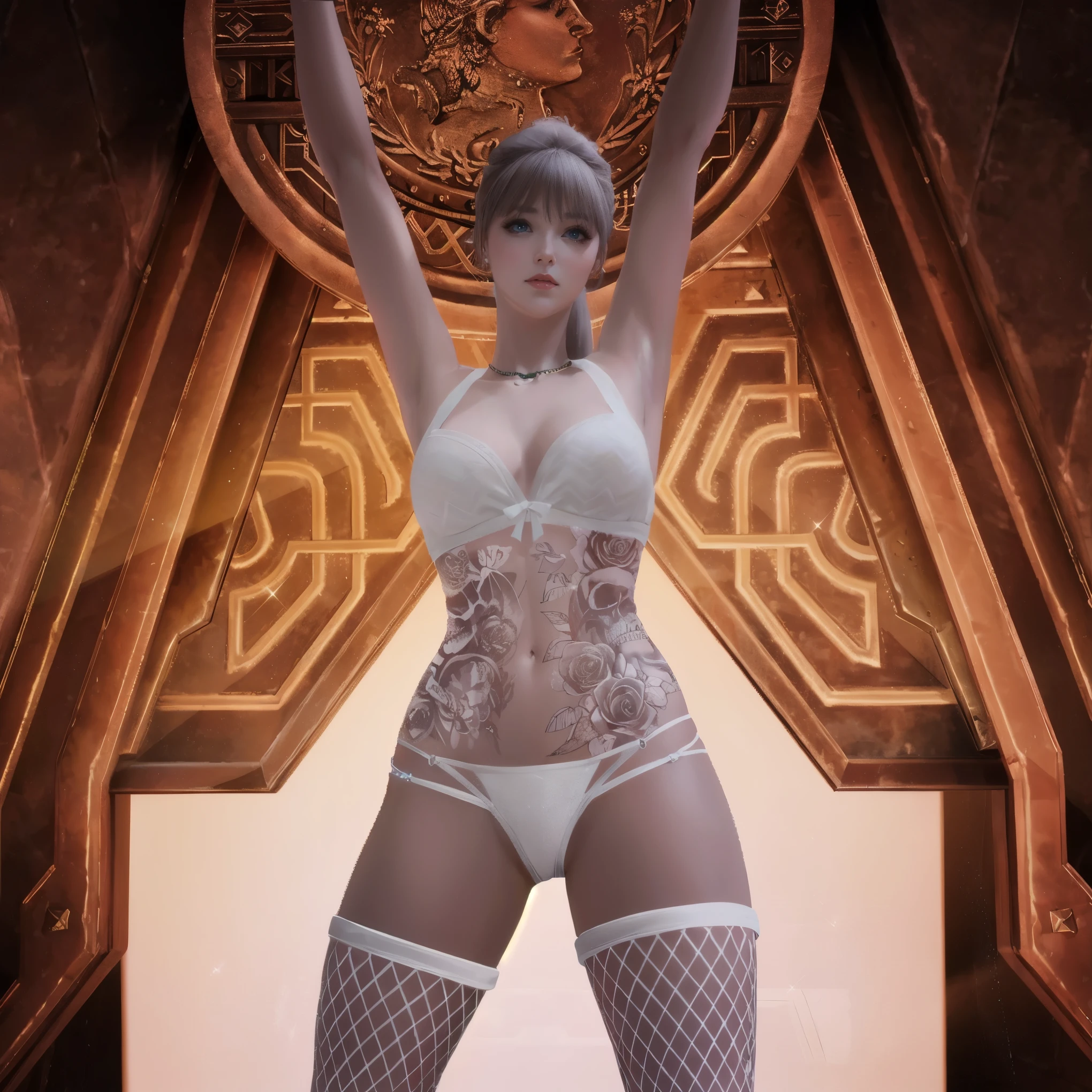 il y a une femme en lingerie blanche qui pose pour une photo, cinematic goddess body shot, extremely detailed goddess shot, faire une pose majestueuse et chaude, poser pour un combat complexe, Inspired by Hajime Sorayama, peau brillante, tenue complexe, trading sur pxiv, Photo de rendu 8k octae, goddess. Extremely high detail