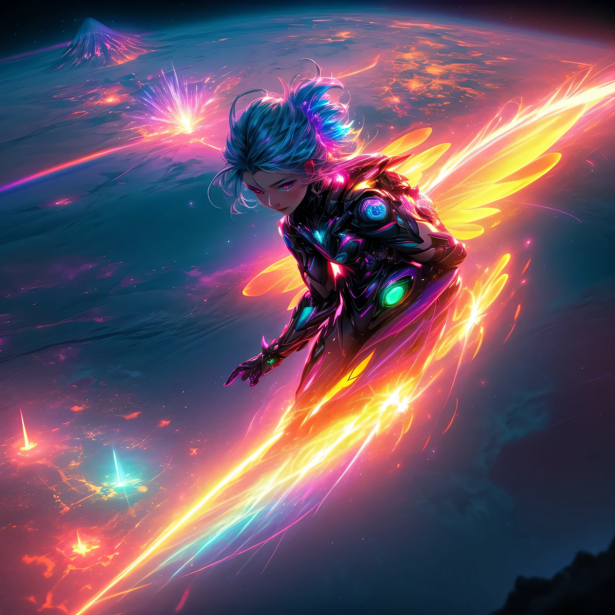 global illumination, particle tracking, neon light, colorful, 8K ultra-high resolution, grandma fairy, Spectacular view, Rainbow-colored, magic, Fleeing from the dragon, volcano, focased faily, look user,