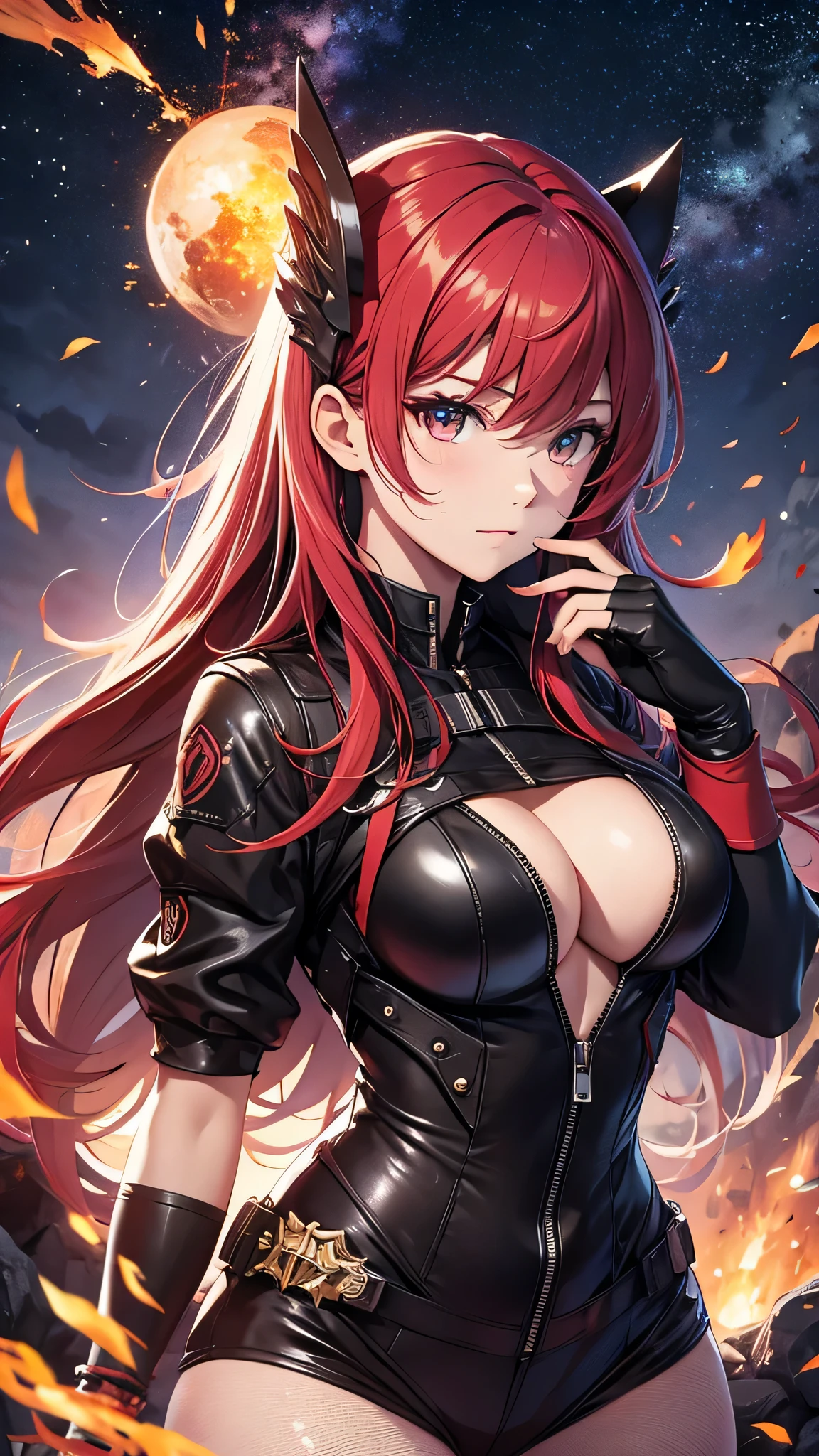 最high quality、best image quality、masterpiece、girl((20-year-old、 By becoming、vest bust、medium bust,wide open breast tea、shining eyes, glowing red hair、long hair、thin,highest valley、black and red suit、Wristband、black gloves、fight pose、inflammation from hands)),high quality、beautiful art、background((inflammation、volcano、magma、eruption、meteorite))、Flight、debris flies、Depth of written boundary、movie、visual art、perfect art、8K,genuine、