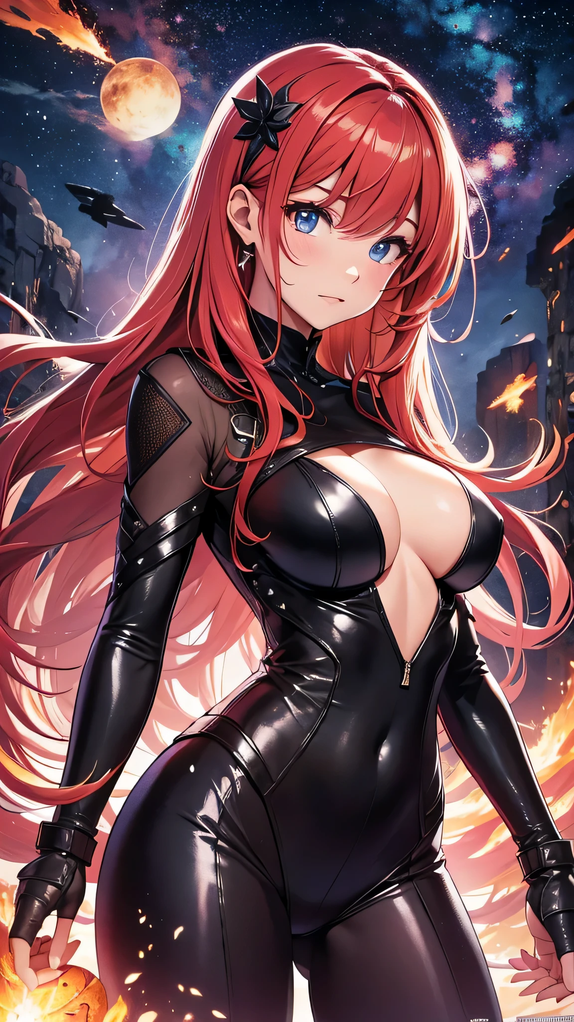 最high quality、best image quality、masterpiece、girl((20-year-old、 By becoming、vest bust、medium bust,wide open breast tea、shining eyes, glowing red hair、long hair、thin,highest valley、black and red suit、Wristband、black gloves、fight pose、inflammation from hands)),high quality、beautiful art、background((inflammation、volcano、magma、eruption、meteorite))、Flight、debris flies、Depth of written boundary、movie、visual art、perfect art、8K,genuine、