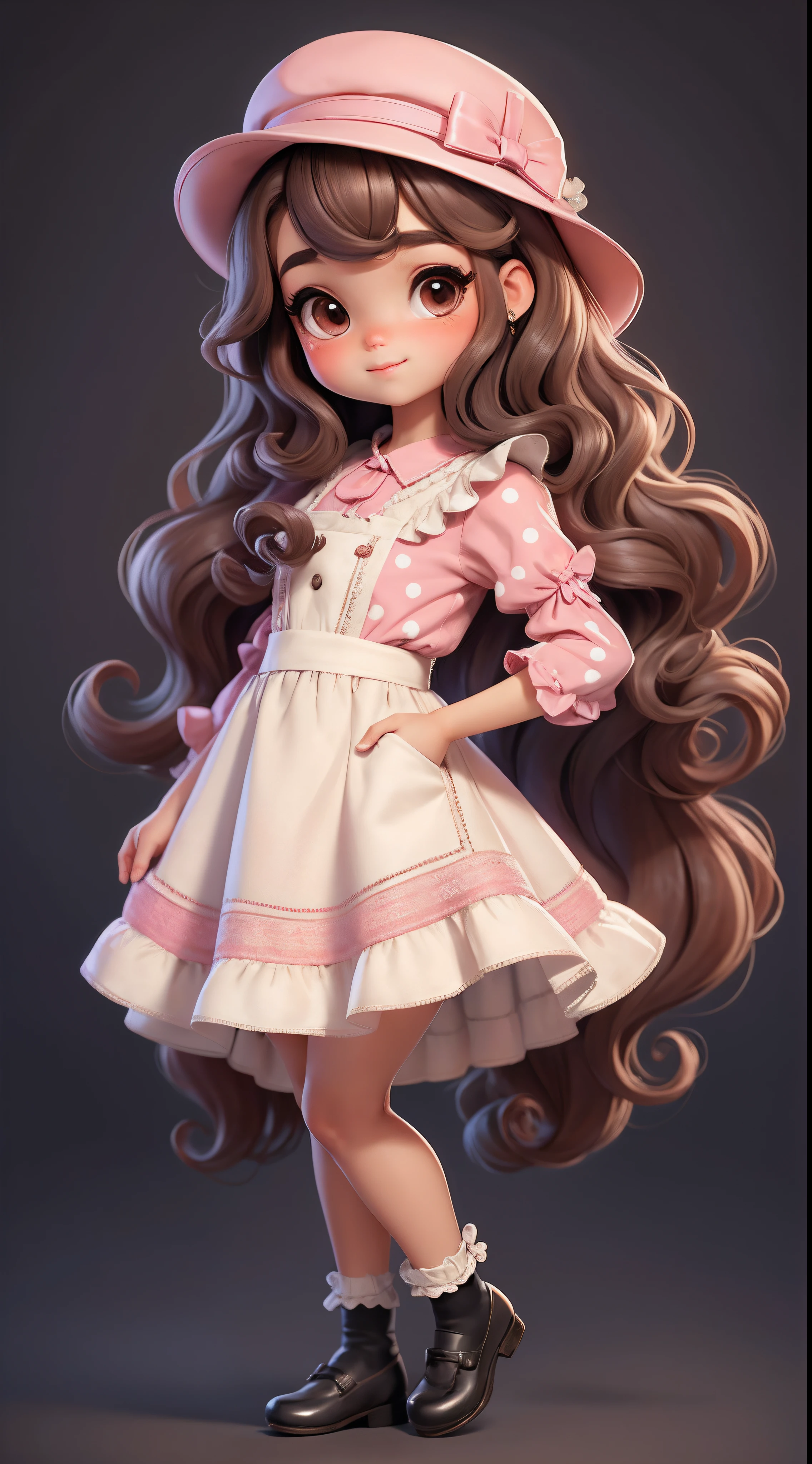 Create a series of chibi cute baby style dolls with a cute vintage chic theme, each with lots of detail and in an 8K resolution. All dolls should follow the same solid background pattern and be complete in the image, mostrando o (corpo inteiro, incluindo as pernas: 1.5)
Boneca Aprendiz de Bruxa: Chame-a de Mia. She must have medium wavy brown hair. Seus olhos devem ser grandes e curiosos, with long eyelashes and slightly pinkish cheeks. Mia should be dressed in a delicate dress and a polka-dot blouse and a delicate and beautiful hat. She should hold delicate and thin accessories. Add details like pockets and ruffles to the apron to make it even more charming, sapato bonito
Certifique-se de adicionar sombras, texturas e detalhes nos cabelos, roupas, Beautiful utensils, to make them even more adorable and charming.