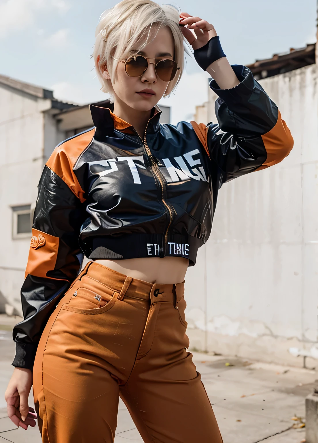 short white hair, cinese ; wears pilot cloth; is not naked, wear orange pants and orange top, wears golden ray bans