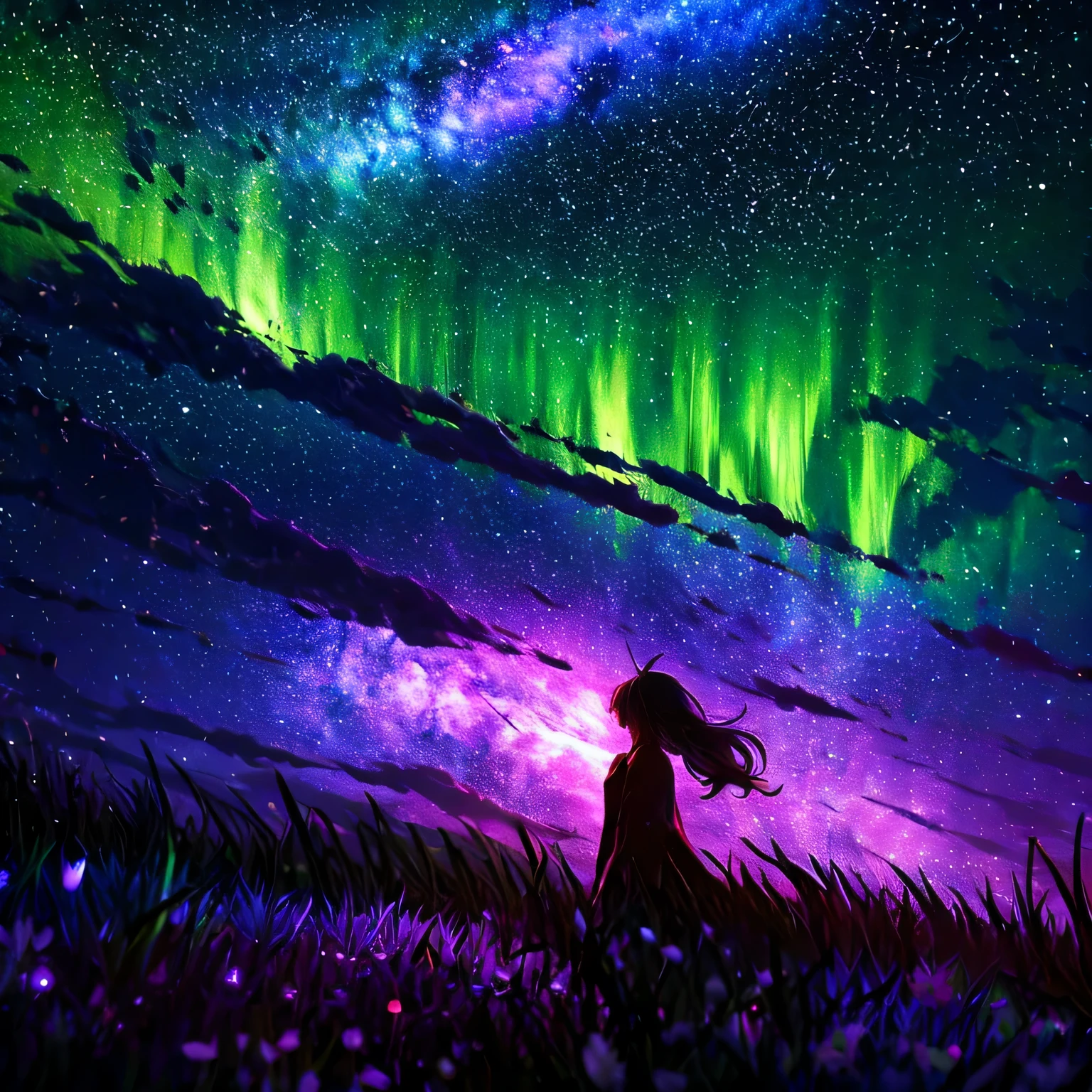 Describe a scene where a cute girl character is lying on a grassy hill, Look up at the starry sky. Surround her with colorful nebulas and your favorite constellations。serenade