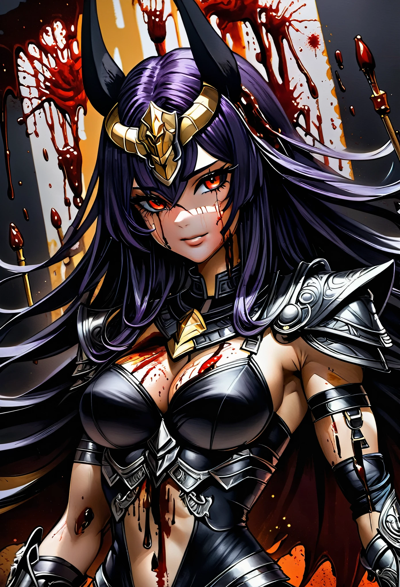 Uberfit,There is a picture of a person, The painting depicts an animal with a golden head and horns, Maniacal smile,toothy smile,Distorted face smile,portrait of dragoon, Mysterious Anubis Valkyrie, Super detailed fantasy characters, dragon portrait, sleipnir'Photo, ghost of anubis, (Raise your hand and stroke your hair),, V-shaped eyebrows, red glowing eyes striped hair, Colored inner hair, cover hair,dark purple color palette,4K details fantasy, Polaroid Counting Trends, zbrush competition champion, Draw using zbrush, ZBrush Central Competition Champion, Realistic hair texture,horse warrior, (The whole body is covered with blood:3),