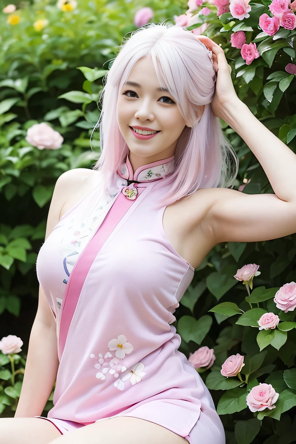 (realistic, highest quality: 1.4),(woman,smile(pink and white hair)),((Show your armpits)open your legs)(cheongsam),(garden,colorful flowers)
