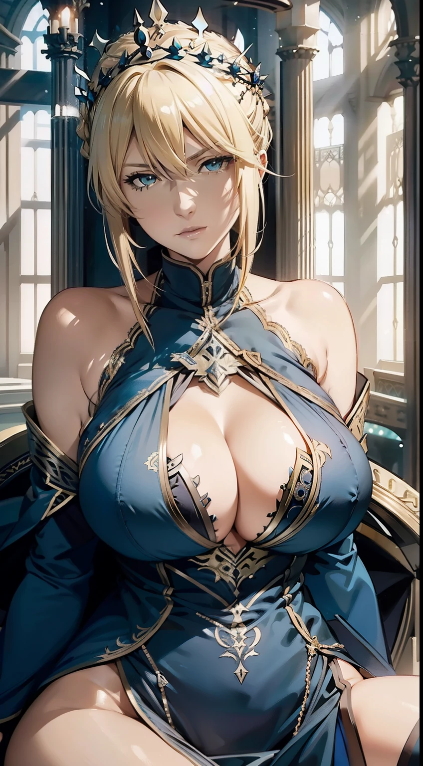 (Artoria Pendragon (throw)), adult women, elegant, blonde, green eyes, Curvaceous, bare shoulders, huge breasts, close-up portrait, High resolution, Highly detailed 8k CG, audience room.