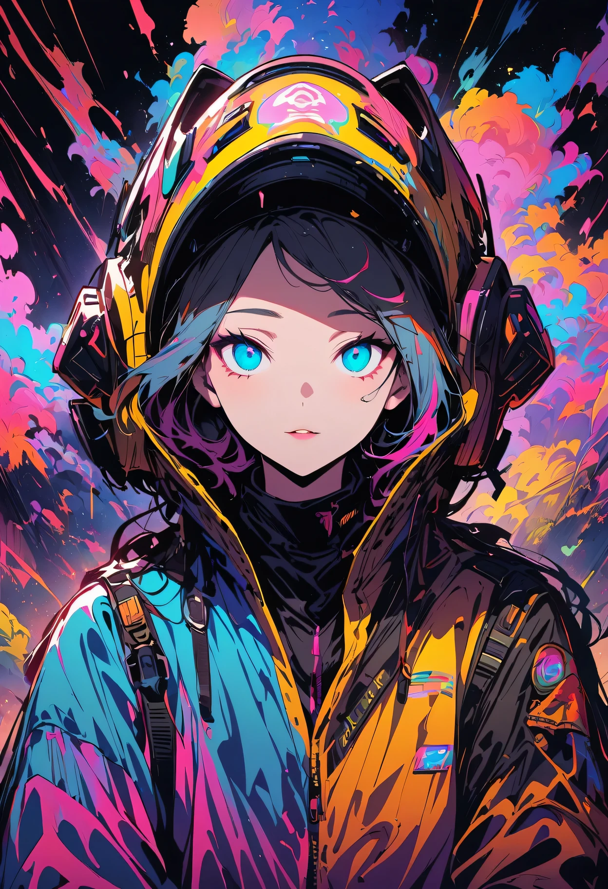 (masterpiece,best quality,Super detailed,ultra high resolution,Detailed background),((cyberpunk)),((flat color)),((rich and colorful)),(1 girl),pilot,pilot helmet,pilot jacket,looking at the audience,alone,Upper body,Colorful background,high contrast,Contrasting colors,