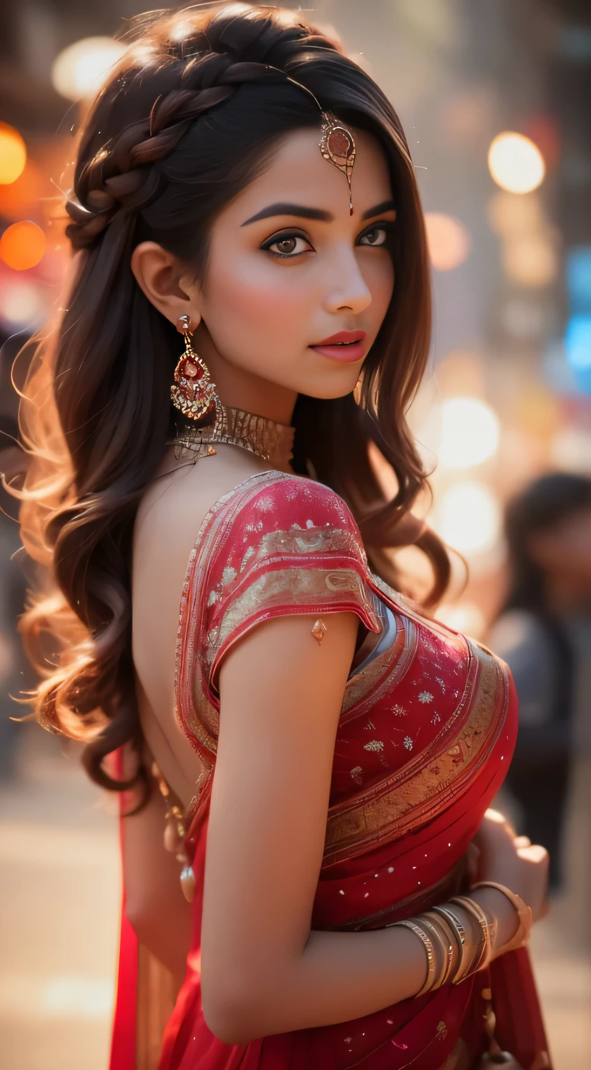 In the bustling streets of a vibrant Indian city, amidst the kaleidoscope of colors and scents, a woman (((Anne Hathaway: Selena Gomez:0.6))) clad in a vibrant red saree and a black blouse becomes an ethereal sight that captivates all who lay eyes upon her. Her undeniable beauty transcends time and space, leaving onlookers spellbound.

Describe the scene as the woman, with her graceful presence, glides through a crowded marketplace, where merchants and shoppers pause to admire her radiance. Decorate the street with lights and candlee, The atmosphere is alive with whispers as her mesmerizing allure evokes a sense of awe and admiration. Fire works behind 

Embark on a journey to reveal the woman’s story—her name, her background, her passions—and the reasons behind her choice of attire. Explore her persona, intertwining elements of mystery and allure, as people speculate on the secrets hiding behind her enchanting gaze.

Incorporate the sights, sounds, and emotions that surround this extraordinary woman, as she navigates through the city’s vibrant tapestry. Whether it be the scent of freshly ground spices, the distant sound of temple bells, or the intricate henna designs adorning her hands, immerse the reader in the sensory experience of this captivating moment.

As the story unfolds, her path intertwines with that of a curious photographer who becomes determined to capture her undeniable beauty in a single photograph. Describe their encounters, the photographer’s attempts to understand her story, and the profound impact this woman’s presence has on his own life.(Blur Background:1.6), (Blue Hue:0.8), (Auto focus:1.4)