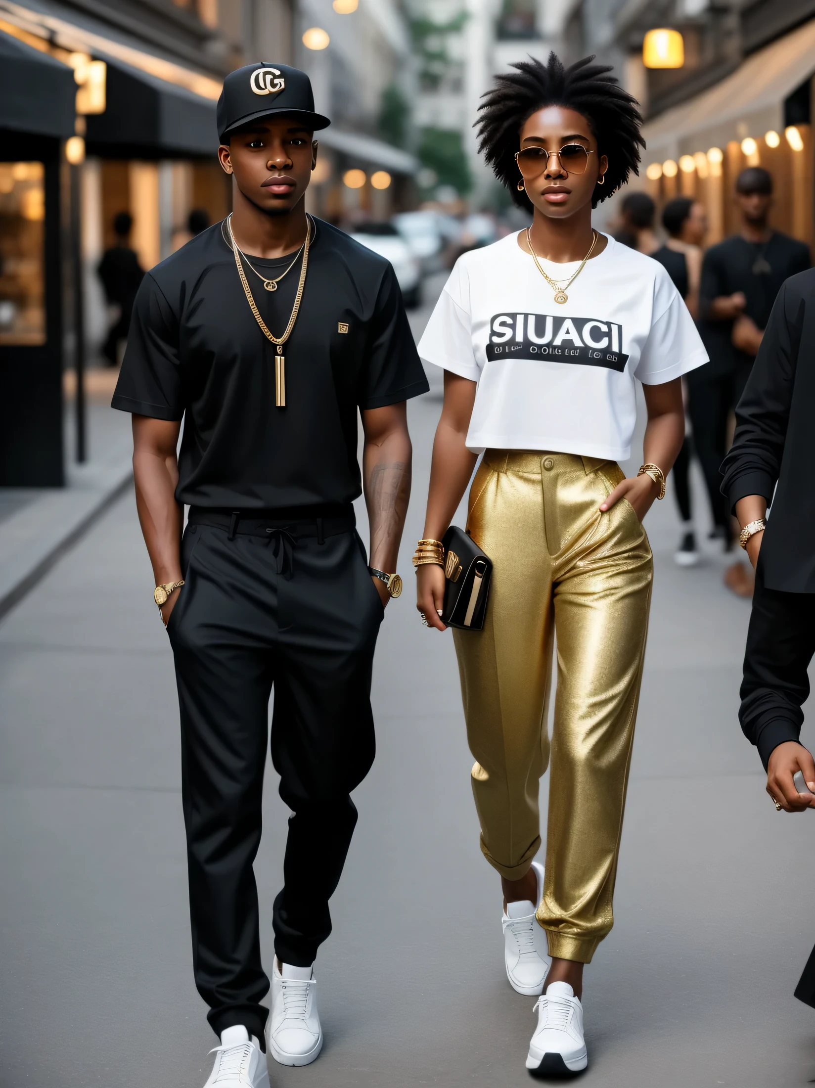 Marcus Johnson, a young African-American man with a balanced athletic build, blends into the sophisticated atmosphere of a Swiss urban evening. Without a cap, her carefully maintained hairstyle is highlighted, giving her style an air of natural maturity. He sports a classic-cut black t-shirt that hugs his torso without exaggerating his muscularity, accented by a discreet gold chain that sparkles under the city lights. The t-shirt is tucked into premium canvas pants, creating a sleek, relaxed silhouette. Her feet are clad in Gucci shoes, whose shine and refined design add a touch of luxury to her minimalist ensemble. Marcus thus embodies the perfect balance between refined streetwear style and contemporary elegance, while remaining faithful to his cultural heritage and his love for hip-hop fashion.