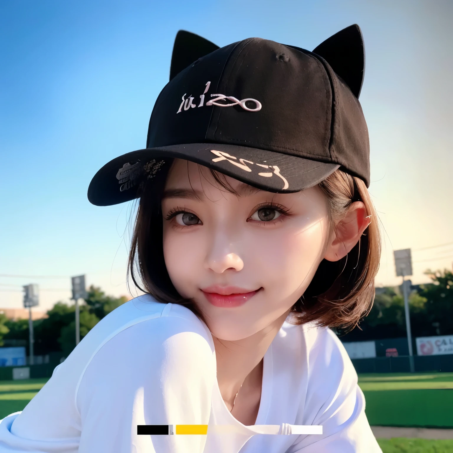 Best image quality、original photo、ultra high resolution、21 years old Korean、small breasts、dynamic angle、Cowboy shooting、The most beautiful form of chaos、elegant、Innovative design、bright colors、,light brown short hair、disheveled hair、light brown eyes 、black baseball cap(表情Smile)、short bob、Smile、Fair and shiny skin、beautiful eyes,random colors、The details are very beautiful、thin lips、细致beautiful eyes、elongated eyes、pale pink cheeks、long eyelashes、beautiful double eyelids、eye shadow、he、White big T-shirt sweatshirt、baggy pants、Shot from the side、sexy pose、enlarge