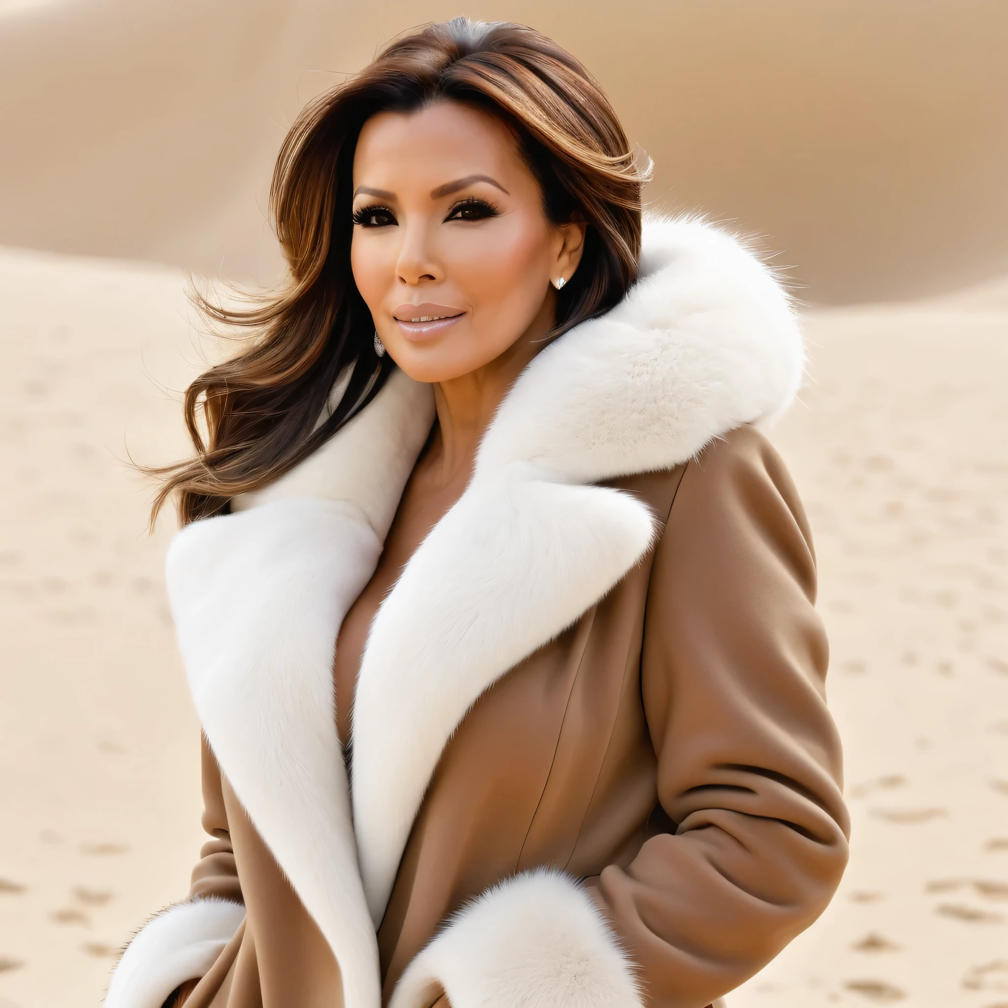 A very wide and very thick, manteau de fourrure en vison brun et blanc, thirty centimeters thick, duveteux, naturel, with an ultra thick sand mink fur collar, three layers, sur Eva Longoria, bare shoulders, and a large breast exposed, in Dubai ,