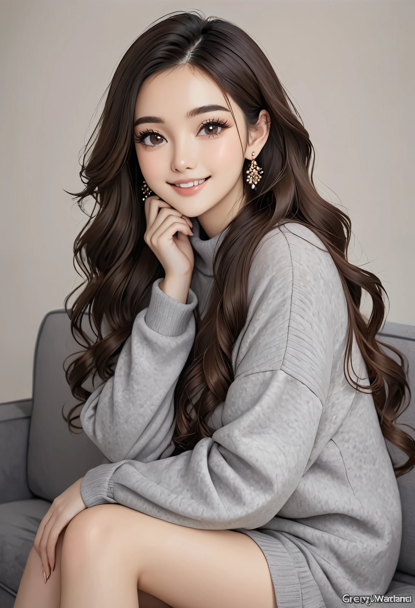 1girl, solo, long hair, earrings, jewelry, sitting, sweater, looking at viewer, head tilt, couch, hand between legs, very long hair, lips, wavy hair, between legs, brown hair, watermark, black hair, closed mouth, smile, artist name, brown eyes, grey background, black eyes, eyelashes