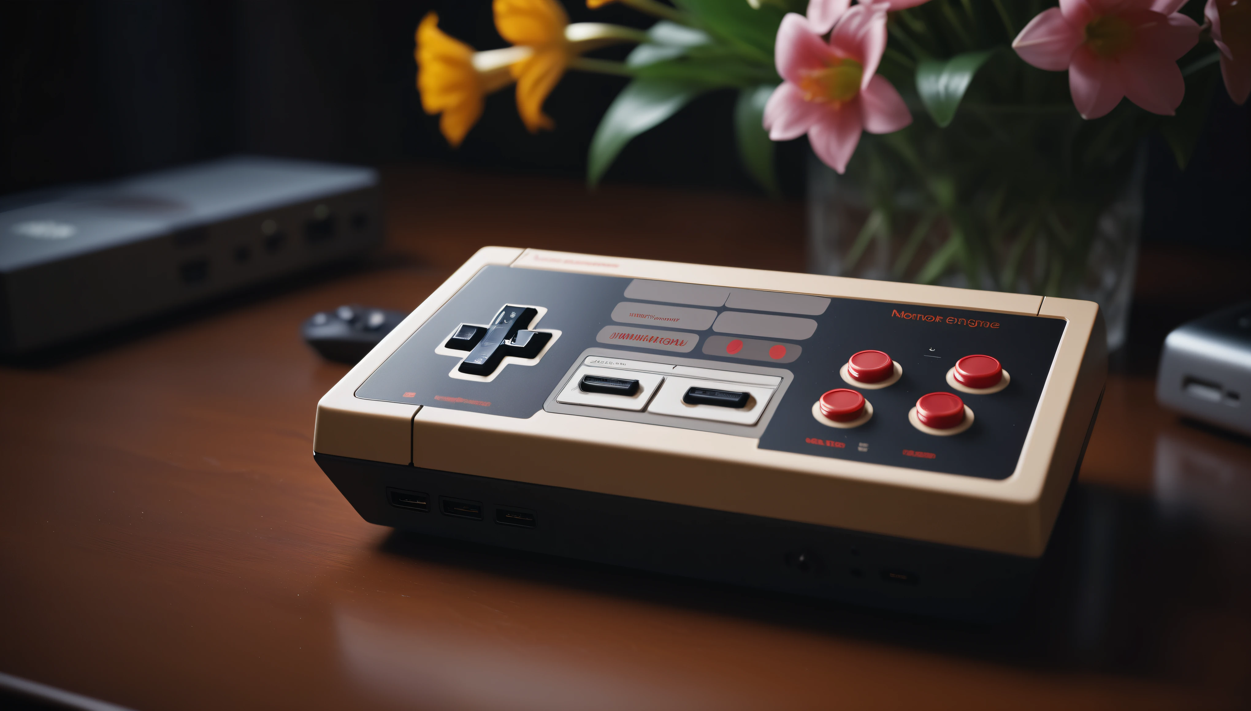 ((Masterpiece in maximum 16K resolution):1.6),((soft_color_photograpy:)1.5), ((Ultra-Detailed):1.4),((Movie-like still images and dynamic angles):1.3). | (Macro shot cinematic photo of a classic nintendo entertainment system), ((classic nintendo controller):1.2), (retro game), (macro lens), (CRT Televison), (luminous object), (nostalgic living room), (shimmer), (aesthetic flowers vase), (visual experience),(Realism), (Realistic),award-winning graphics, dark shot, film grain, extremely detailed, Digital Art, rtx, Unreal Engine, scene concept anti glare effect, All captured with sharp focus. | Rendered in ultra-high definition with UHD and retina quality, this masterpiece ensures anatomical correctness and textured skin with super detail. With a focus on high quality and accuracy, this award-winning portrayal captures every nuance in stunning 16k resolution, immersing viewers in its lifelike depiction. | ((perfect_composition, perfect_design, perfect_layout, perfect_detail, ultra_detailed)), ((enhance_all, fix_everything)), More Detail, Enhance.