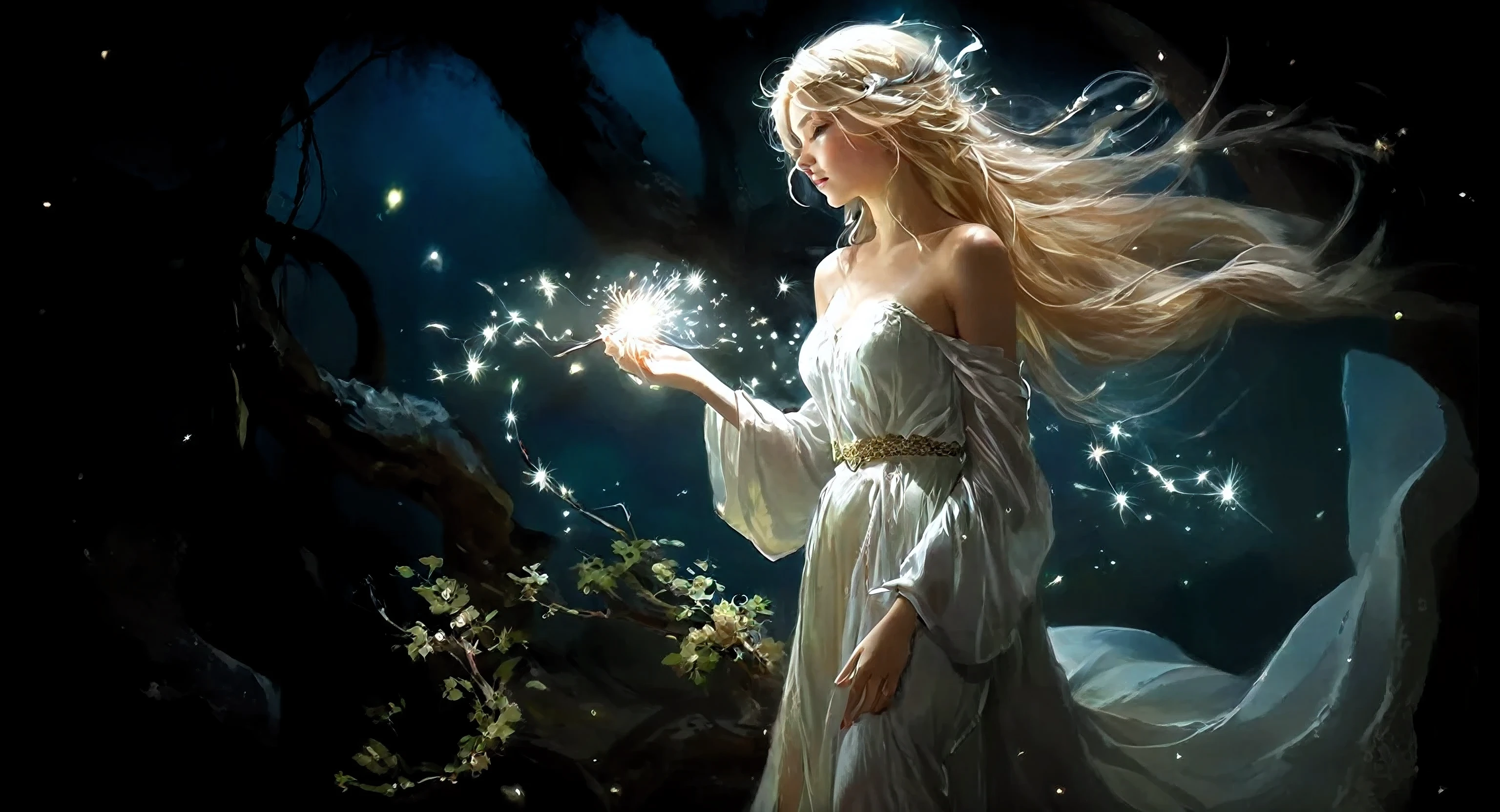 An arafe woman wearing a white dress holding a sparkler in her hand, beautiful fantasy art, very beautiful fantasy art, beautiful fairy, beautiful fairys, fantasy beautiful, beautiful fantastic paintings, astral fairy, beautiful fairy, Fantastic Fantasy, beautiful fantasy maiden, beautiful fairyの魔術師, amazing young graceful person, Fairy dust in the air, mysterious beauty