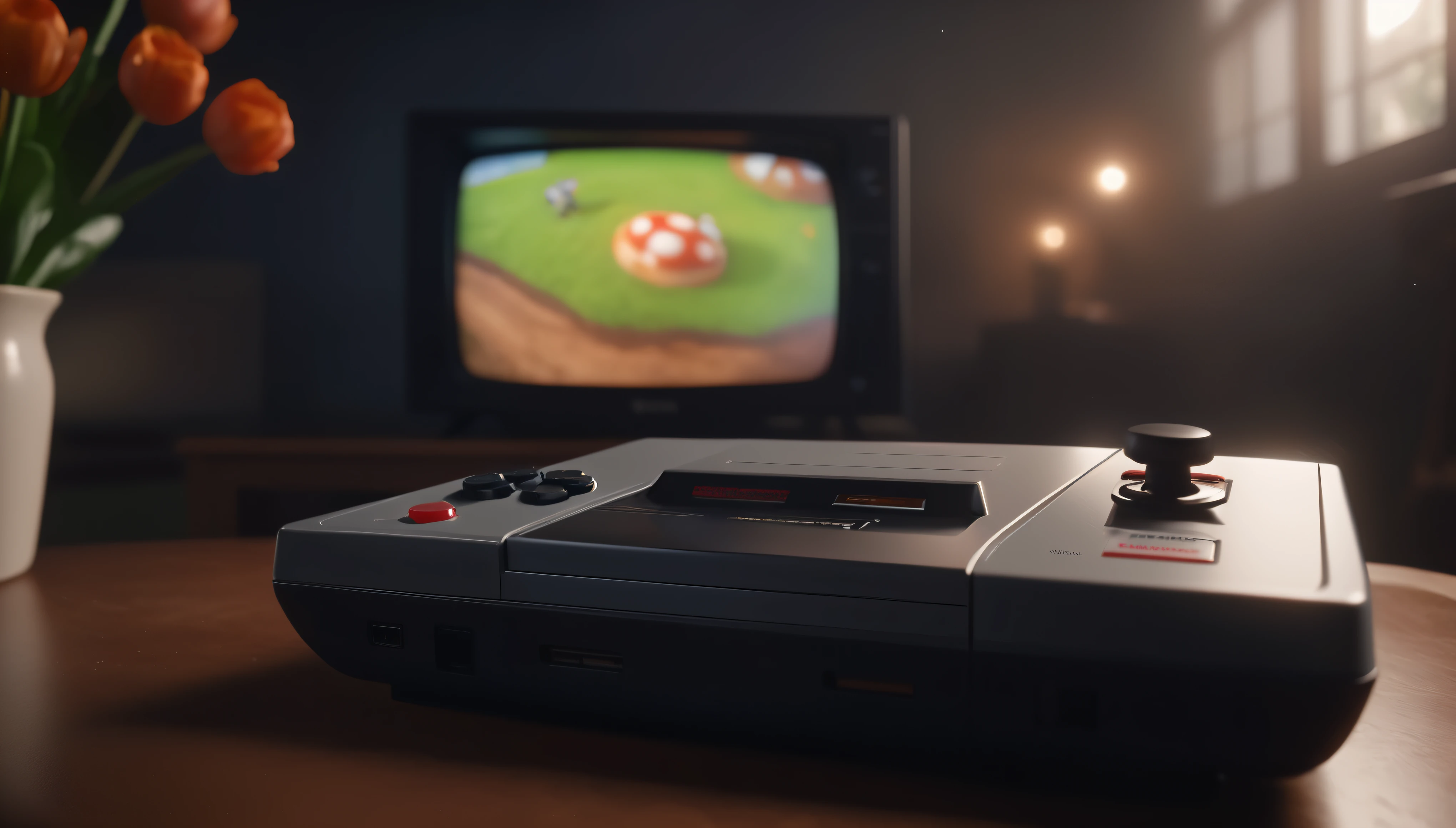 ((Masterpiece in maximum 16K resolution):1.6),((soft_color_photograpy:)1.5), ((Ultra-Detailed):1.4),((Movie-like still images and dynamic angles):1.3). | (Macro shot cinematic photo of a classic nintendo entertainment system), ((classic nintendo controller):1.2), (retro game), (macro lens), (CRT Televison), (luminous object), (nostalgic living room), (shimmer), (aesthetic flowers vase), (visual experience),(Realism), (Realistic),award-winning graphics, dark shot, film grain, extremely detailed, Digital Art, rtx, Unreal Engine, scene concept anti glare effect, All captured with sharp focus. | Rendered in ultra-high definition with UHD and retina quality, this masterpiece ensures anatomical correctness and textured skin with super detail. With a focus on high quality and accuracy, this award-winning portrayal captures every nuance in stunning 16k resolution, immersing viewers in its lifelike depiction. | ((perfect_composition, perfect_design, perfect_layout, perfect_detail, ultra_detailed)), ((enhance_all, fix_everything)), More Detail, Enhance.