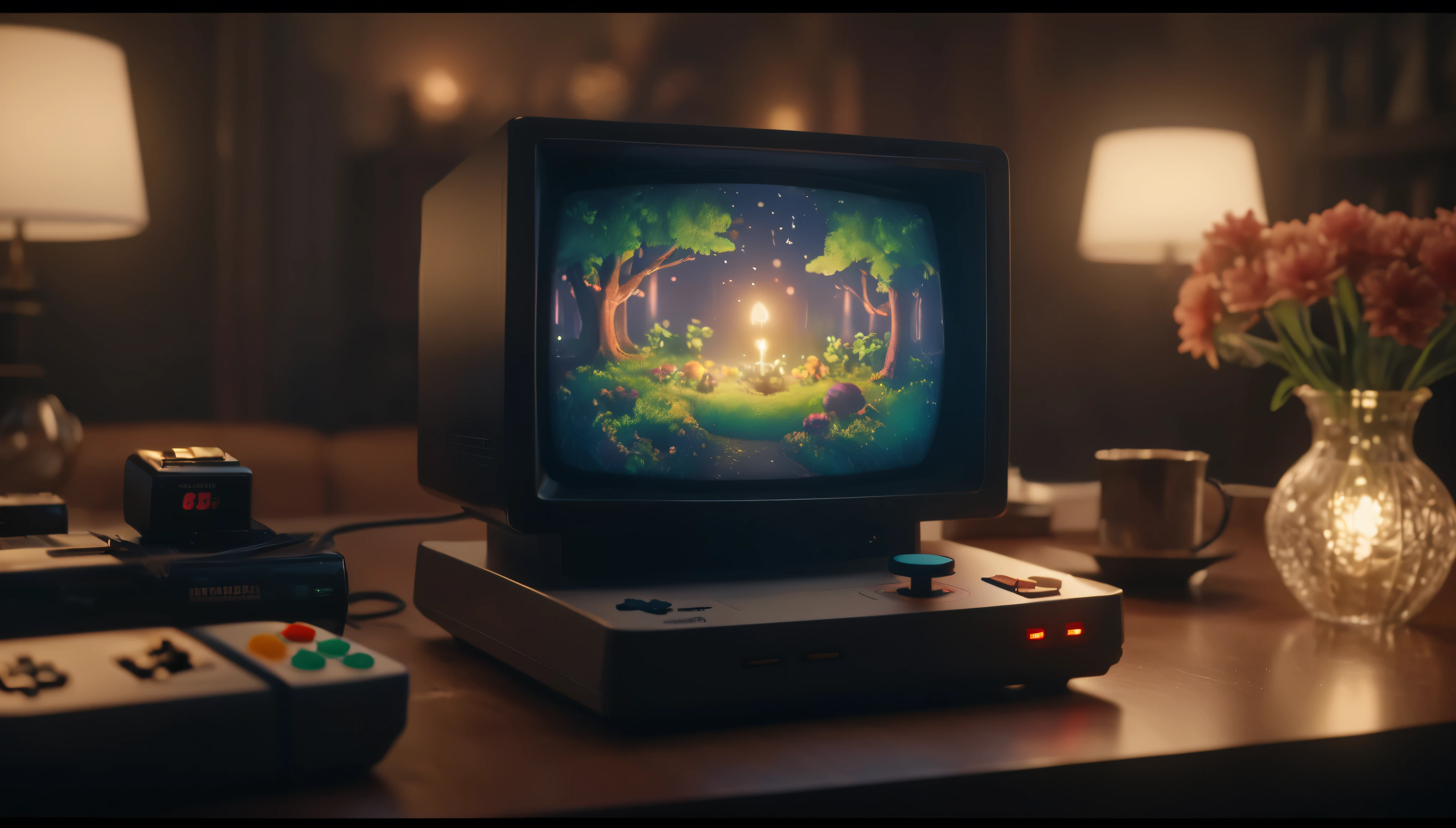 ((Masterpiece in maximum 16K resolution):1.6),((soft_color_photograpy:)1.5), ((Ultra-Detailed):1.4),((Movie-like still images and dynamic angles):1.3). | (Macro shot cinematic photo of a classic nintendo entertainment system), ((classic nintendo controller):1.2), (retro game), (macro lens), (CRT Televison), (luminous object), (nostalgic living room), (shimmer), (aesthetic flowers vase), (visual experience),(Realism), (Realistic),award-winning graphics, dark shot, film grain, extremely detailed, Digital Art, rtx, Unreal Engine, scene concept anti glare effect, All captured with sharp focus. | Rendered in ultra-high definition with UHD and retina quality, this masterpiece ensures anatomical correctness and textured skin with super detail. With a focus on high quality and accuracy, this award-winning portrayal captures every nuance in stunning 16k resolution, immersing viewers in its lifelike depiction. | ((perfect_composition, perfect_design, perfect_layout, perfect_detail, ultra_detailed)), ((enhance_all, fix_everything)), More Detail, Enhance.