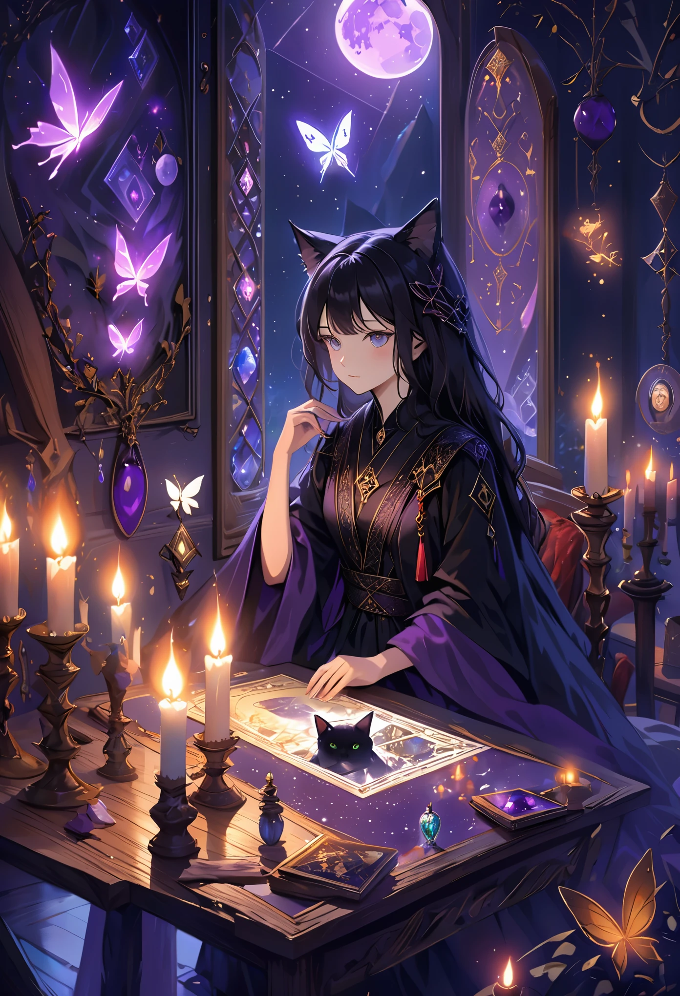 The witch wears a magnificent robe of deep purple,adorned with intricate silver runes that shimmer with a dark glow. The robe billows gracefully behind her,enhancing her air of mystery and charm. Her long black hair,as dark as night,flows loosely over her shoulders,exuding a sense of lazy elegance. On the table,various mystical objects are arranged,the most noteworthy being a scale. One side holds a bottle filled with potions,its contents shimmering with multicolored lights that seem to contain infinite magic. The other side displays a magic bottle,emitting a mysterious aura with its engraved runes,provoking curiosity and awe. Reclining lazily on a green chair,a black cat stares intently at the witch,its eyes deep and pensive. The cat's fur is soft and shiny,its black coat glinting in the candlelight,adding a touch of mystery to the scene. In one corner of the room,a magic mirror hangs,reflecting the witch's figure in its depths. Her face appears vaguely in the mirror,as if harboring an unfathomable power. The frame is adorned with intricate gemstones,emitting a seductive glow that enhances the room's air of mystery and luxury. Candles and tarot cards are also present on the table. The flickering flame of the candles casts a warm and dim light,creating a cozy and enigmatic atmosphere. The tarot cards,lying silently on the table,exude a mysterious aura with their intricate patterns and symbols,seeming to whisper secrets of the future. The overall scene,dominated by hues of purple and black,evokes a sense of enchantment and mystery. The witch,the scale,the magic bottle,the potions,the butterfly specimens,the black cat,and the magic mirror intertwine to create a world of fantasy and magic. In this world,the witch explores the mysteries of the universe with her wisdom and power,seeking unknown knowledge and truth.,