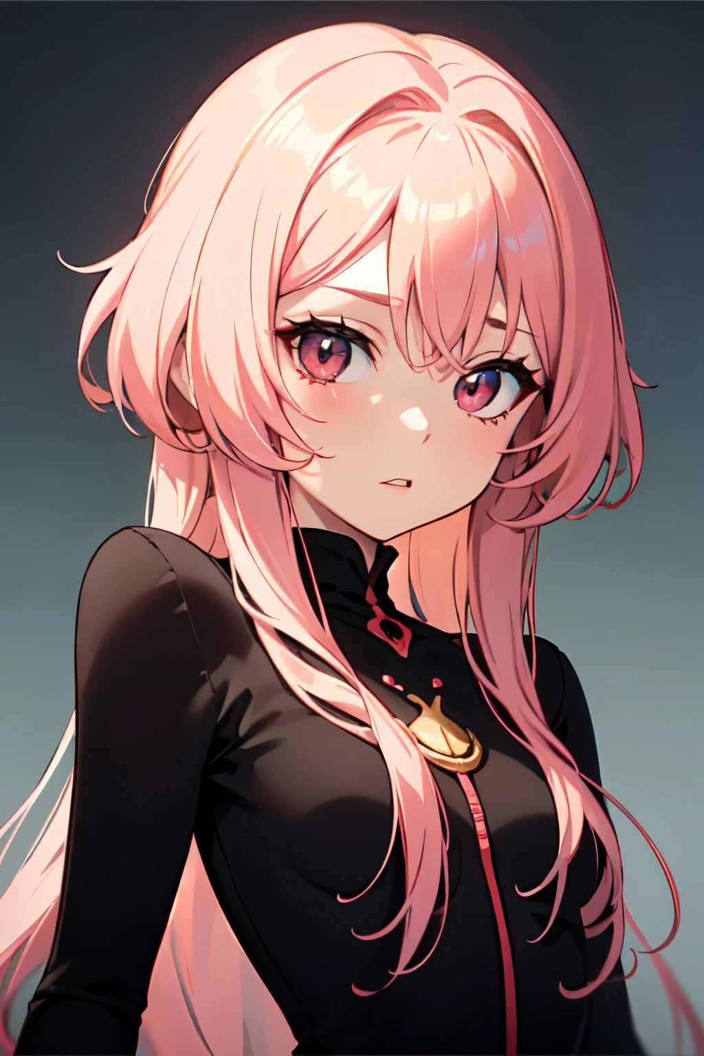 ((anime)), ((Mejor calidad)), ((obra maestra)), (detallado), cara perfecta, ojos color rojo intenso, pelo rosa, pink, pelo liso, dos coletas delanteras, vampira, vtuber, friki
