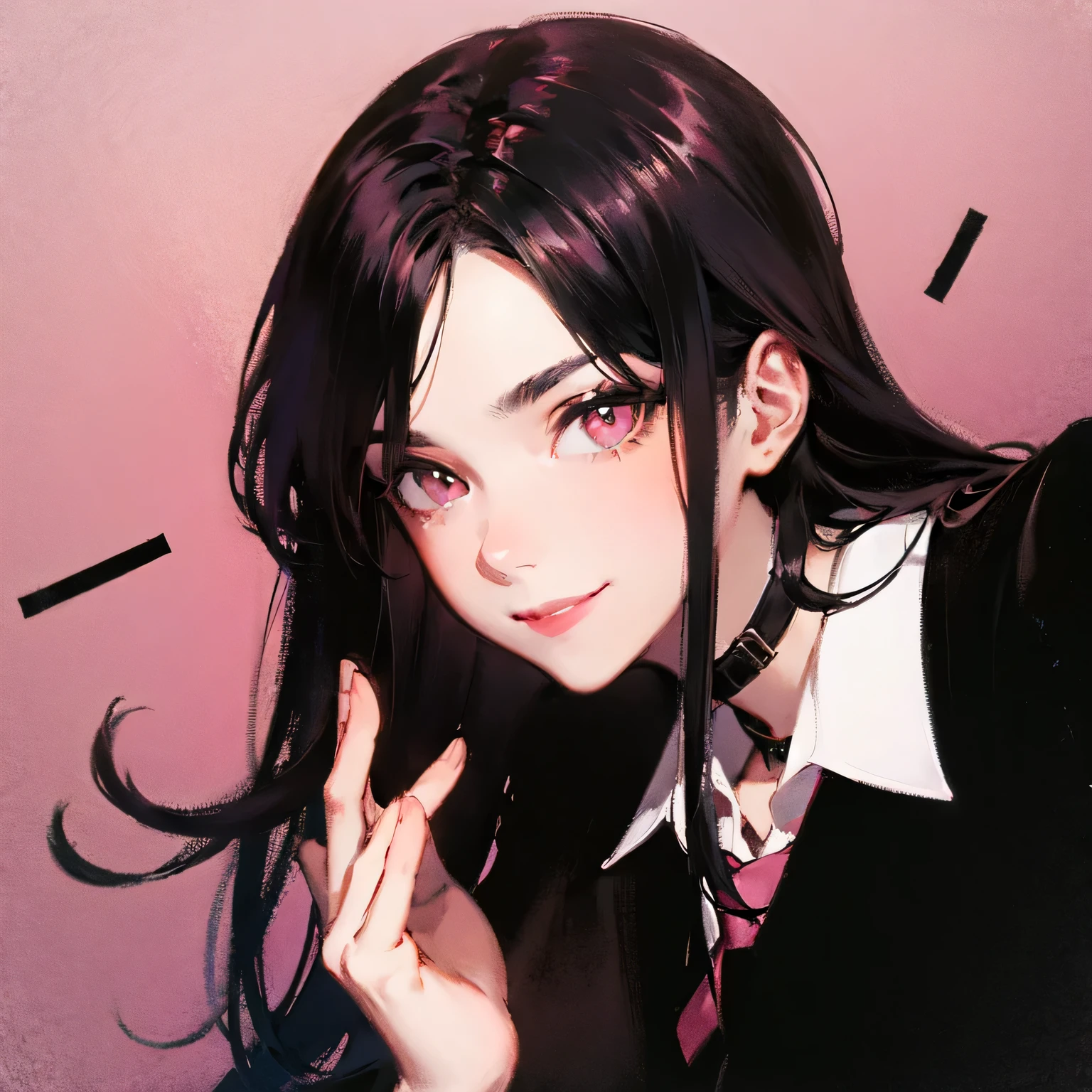 force \(CSM\),pupil in the shape of a symbol,cross-shaped pupil, Jacket,collared shirt, tie, close up portrait,take a pose,smile,female,Happy,Disturbing smile,alone, (shades of pink,black line),long hair,Wind
