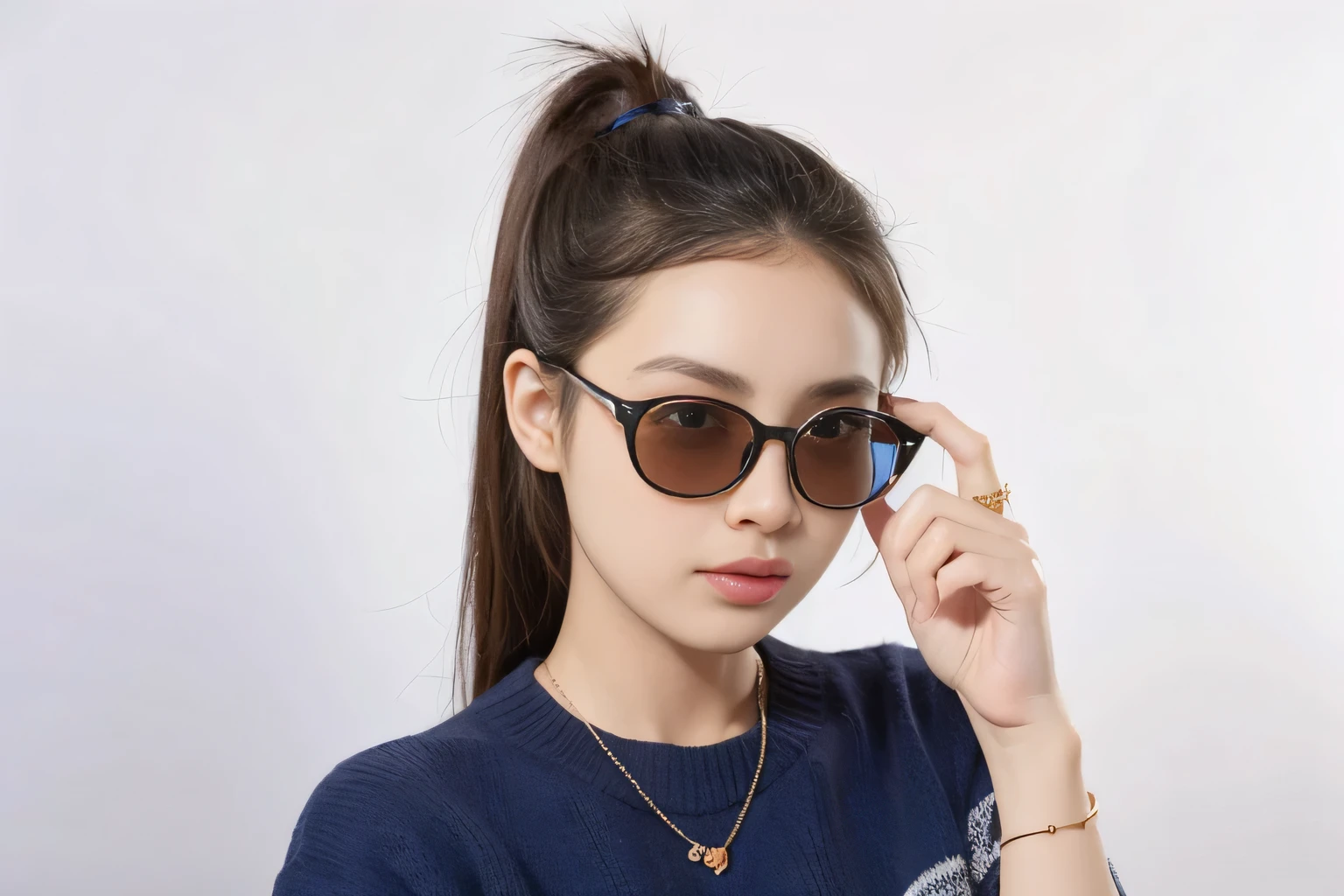 arafed woman Wear sunglasses and a blue sweater holding a pair of sunglasses, Comes with sunglasses, Comes with sunglasseses, Shot with Canon 80D, Wearing black-rimmed glasses, Wear sunglasses, Implanted sunglasses, Thick sunglasses, black sunglasses, Wearing thin and large round-rimmed glasses, Wearing cool sunglasses, Paired with dark brown sunglasses, Wearing navigator-shaped glasses, sunglasses