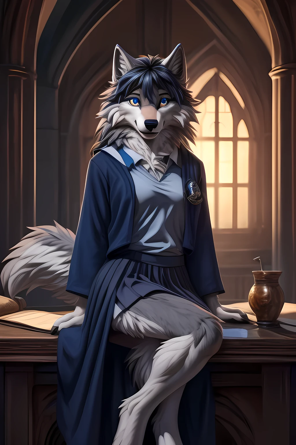 Photo, ((by Hioshiru)), (wolf:1.4), ((anthro)), 4k, detailed, intricate, (female), (masterpiece), best quality, (detailed eyes:1.4), SFW, (hogsks), hogwarts, harry potter, (((ravenclaw))), uploaded on e621, digitigrade, girl, castle, light belly fur, ((grey fur)), blue streak in fur, gold eyes, dark hair, (fluffy tail), skinny, slim build, long legs, canine paws, long ears, long snout, morning lighting, full body portrait, skirt, pleated skirt, black robe with blue trim, grey sweater, full length robe, hogwarts uniform, legs crossed, sitting on desk, smiling