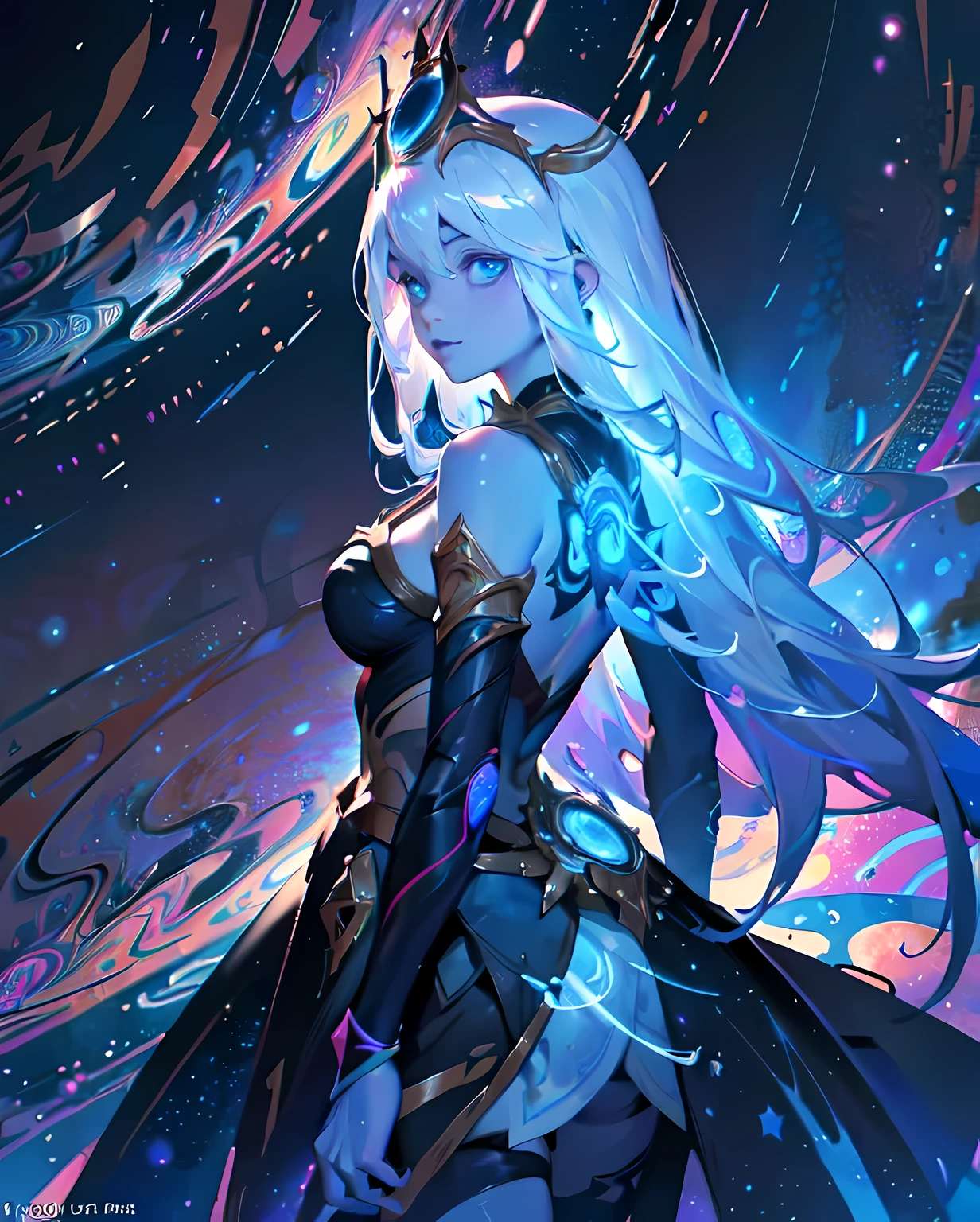 Realistic, (Masterpiece, Top Quality, Best Quality, Official Art, Beauty and Aesthetics: 1.2), Very Detailed, Fractal Art, Colorful, Most Detailed, Zentangle, (Abstract Background: 1.5),  (1gril: 1.3), lux from leagueoflegends, cosmic lux, silver Hair, (Glowing Blue Eyes), Mysterious, (Magic)