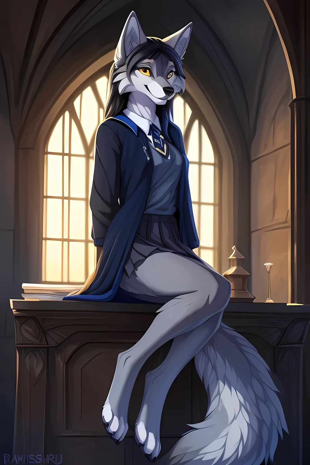 illustration, ((by Hioshiru)), (wolf:1.4), ((anthro)), 4k, detailed, intricate, (female), (masterpiece), best quality, (detailed eyes:1.4), SFW, (hogsks), hogwarts, harry potter, (((ravenclaw))), uploaded on e621, digitigrade, girl, castle, light belly fur, ((grey fur)), blue streak in fur, gold eyes, dark hair, (fluffy tail), skinny, slim build, long legs, canine paws, long ears, long snout, morning lighting, full body portrait, skirt, pleated skirt, black robe with blue trim, grey sweater, full length robe, hogwarts uniform, legs crossed, sitting on desk, smiling