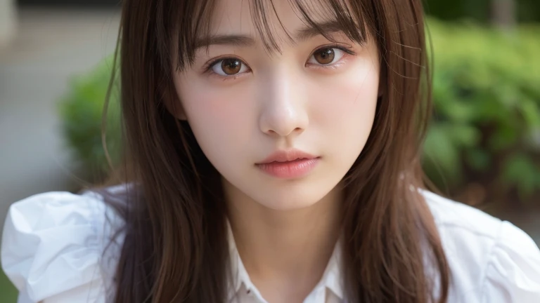(long hair, bangs:1.2),(wearing a blouse:1.2),1 girl,Japanese,21 years old,(small breasts:1.3),(highest quality,masterpiece:1.3,超A high resolution,),(Super detailed,caustics),(Photoreal:1.4,RAW shooting,)ultra-realistic capture,very detailed,High resolution 16K human skin close-up。 natural skin texture、,The pores are、、、、、、Must be detailed enough to be easily identified。 Skin should look even-toned and healthy。 Use natural light and color, sad expression, look at the camera, perfect dynamic composition, outdoor, A scene from a movie