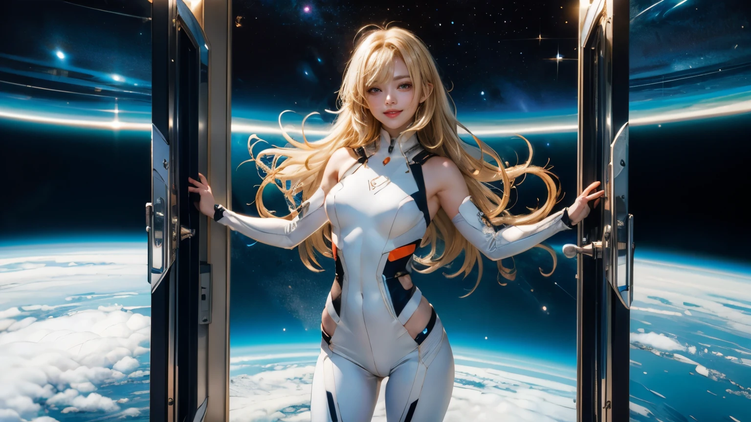 (master piece)、(best quality)、high contrast、(fine)、(beautiful)、(one android girl)、sleek white bodysuit、milky blonde hair、excellent anatomy、star々shining outer space、A door like a door everywhere、positive look、slightly smiling face、anime style
