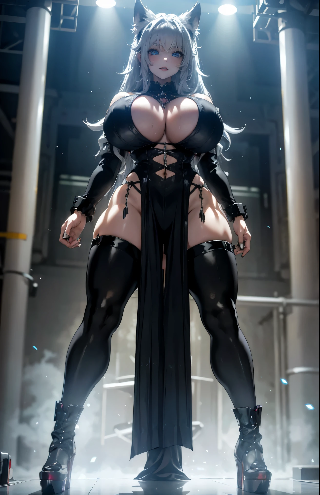 a 19yo woman(goth girl, white curly hair)Her eyes are blue and beautiful. wolf ears, wolf tail、gothic clothes, standing up, thick thigs, cinematic lights, light particles, lipstick、Detailed details, massive breasts, defined abs, sweaty skin, massive breasts, muscular, full body, goth platform boots, long legs, muscular legs, full body shot, gts, giantess, looking down,