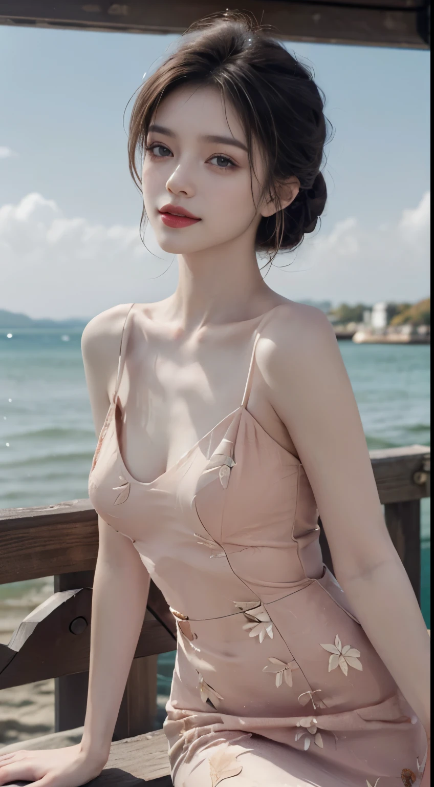 Beautiful and charming woman in fashion trend, full body: 1.6, holding flowers, random hairstyle, sitting under a parasol, by the sea, tight slip dress random color, wind blowing hair, blue sky and white clouds, delicate sexy collarbone, covering chest, charming goose egg face, double eyelids, smart peach blossom eyes, pink lips, small upturned nose, bare shoulders, focused face, face close-up, ultra-high definition, super detail, ultra-thin translucency, fresh and good, see-through, pink