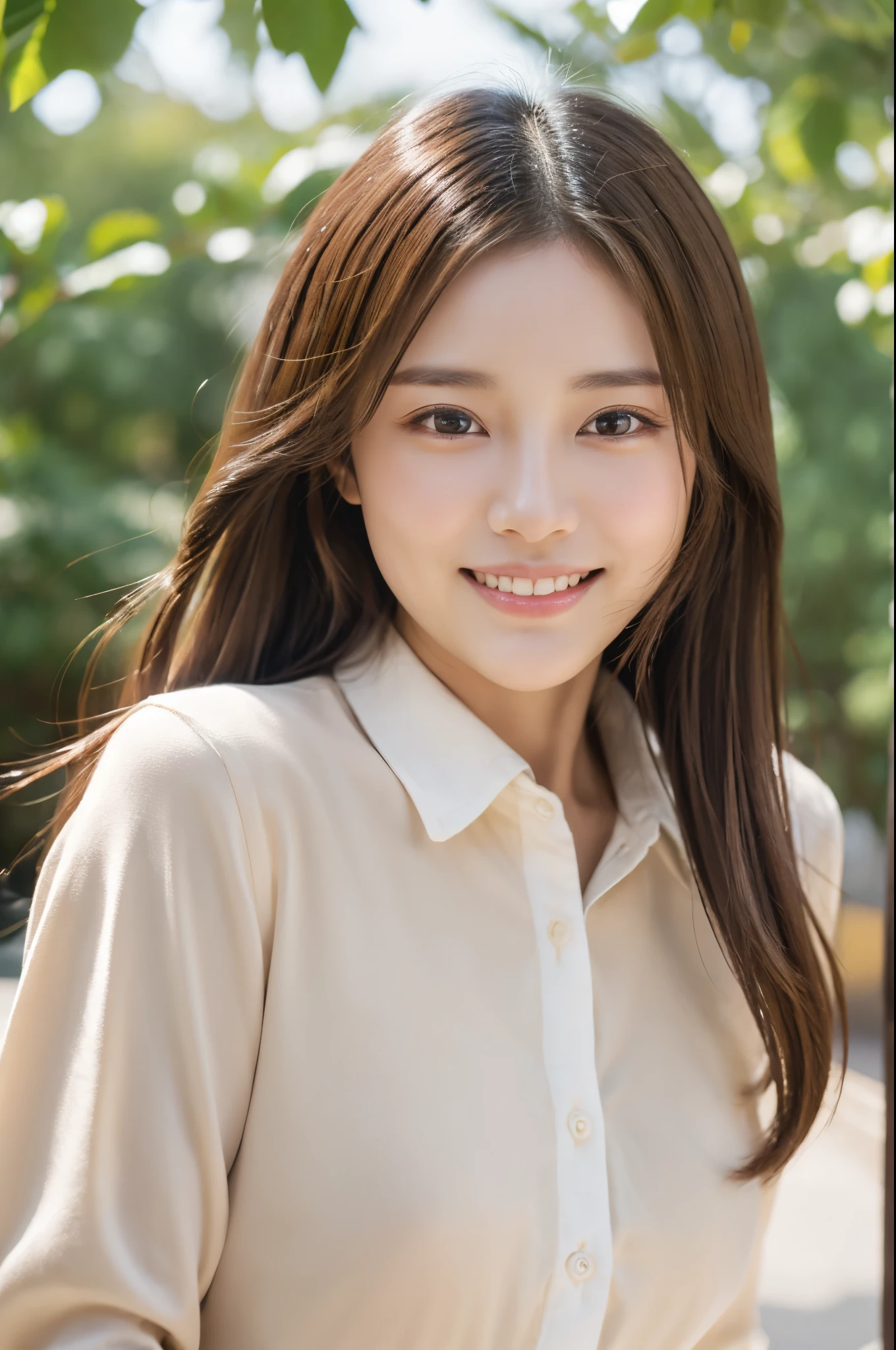 japanese woman, 30's, background white, simple背景, white brown hair, slender, 4K, 8K, high quality, Beauty products, beautiful eyes, simple, high resolution,1 person,beautiful skin,beautiful skin、Pointed upwards、natural smile、wore long-sleeved clothes