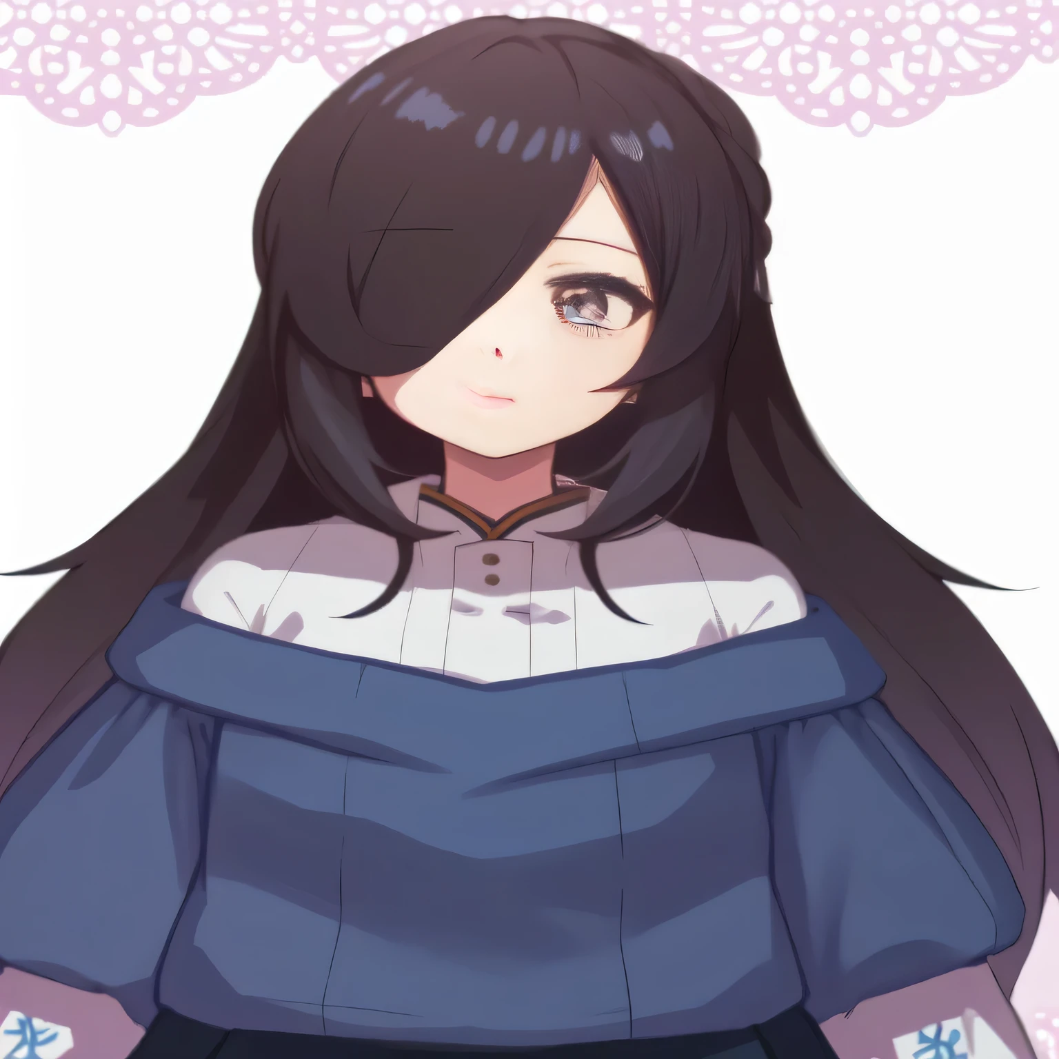 anime girl with long black hair and blue shirt and white collar, Ilya Kubshinov with long hair, Cute girl anime visual, long hair anime girl, anime moe art style, young anime girl, anime female characters, black-haired girl wearing a hoodie, close up of a young anime girl, anime「Overload」albedo of