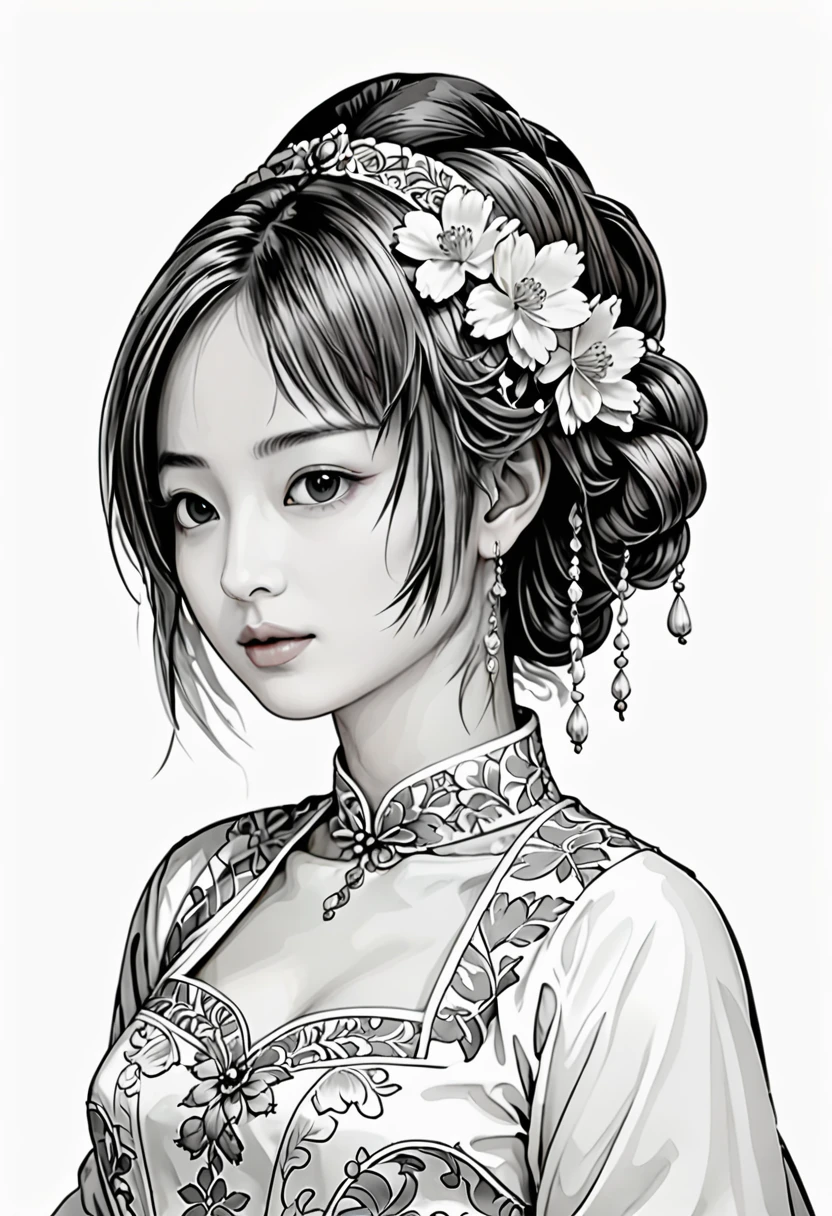 masterpiece, line art of a female character, baroque patterns, sexy, style by double exposure, no shading, for coloring page, white space, no shadowing, all white,chan-wong