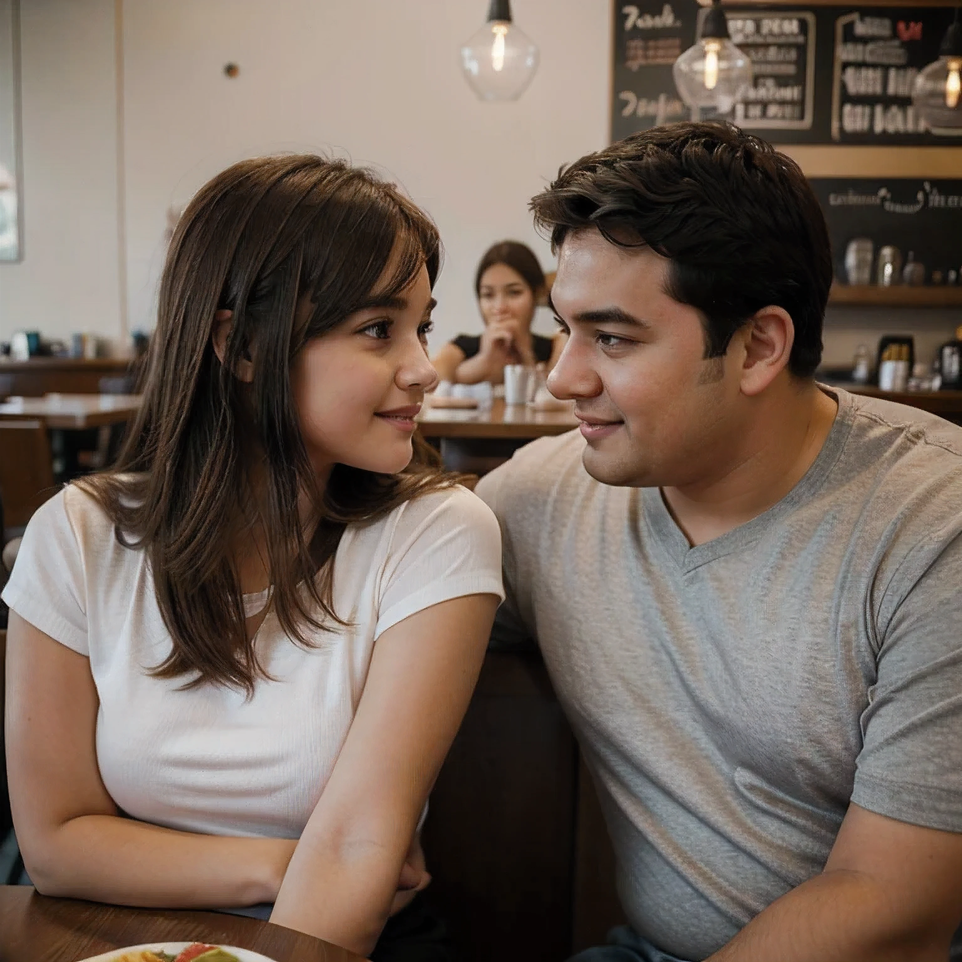 A cute picture of a cute girl and a smart chubby guy in a restaurant looking at each other