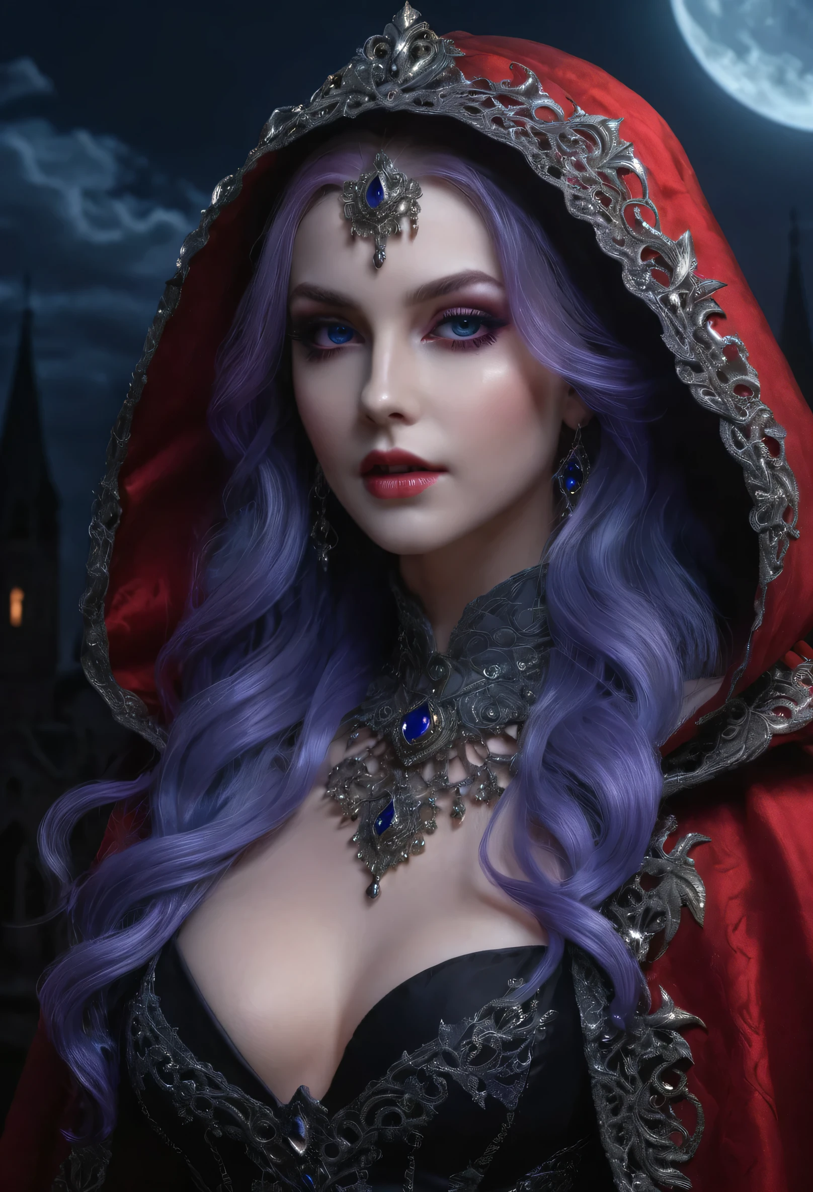 fantasy art, gothic art, (masterpiece:1.5), full body best details, highly detailed, best quality, Glowing Purple, highres, full body portrait of a vampire, elf (Masterpiece, best quality: 1.6), ultra feminine, wizard, (intricate details, Masterpiece, best quality: 1.5) with a long curvy hair, light color hair, blue eyes, (fantasy art, Masterpiece, best quality), ((beautiful delicate face)), Ultra Detailed Face (intricate details, fantasy art, Masterpiece, best quality: 1.5), [[vampiric fangs 1.5]] (red cloak: 1.3) , flowing cloak (intricate details, fantasy art, Masterpiece, best quality: 1.3), wearing an intricate black dress (intricate details, fantasy art, Masterpiece, best quality: 1.5), high heeled boots, urban background (intense details, beat details), fantasy, at night light, natural ,moon light, clouds, gothic atmosphere, soft light, dynamic light, [[anatomically correct]], high details, best quality, 8k, [ultra detailed], masterpiece, best quality, (extremely detailed), dynamic angle