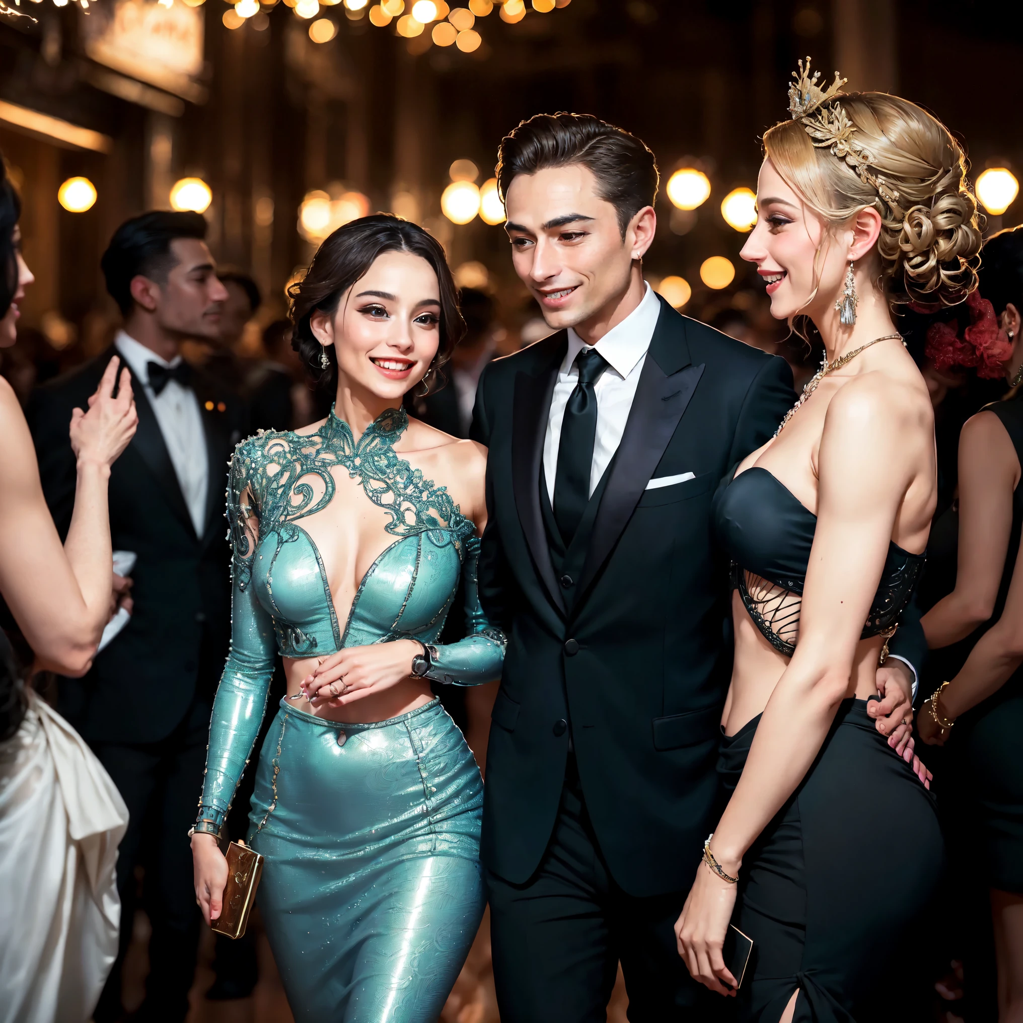 A lively photorealistic scene of a charity party, imbued with sincere emotions and humanity. Elegant high society ladies in luxurious evening gowns of various bright colors, their faces lit up with broad smiles and shining eyes expressing joy and enthusiasm. Their gallant cavaliers - wealthy men in tuxedos and tails - are warmly and attentively chatting with their beautiful companions, their faces also glowing with life and enthusiasm. A few anthropomorphic cyborgs glimpse among the guests, but they fit so naturally into the crowd that it is almost impossible to distinguish them from ordinary people - their faces and manners are also imbued with a lively human feeling.
The general atmosphere is solemn, yet filled with warmth, openness and a sincere desire to help those in need. Bright colors, upbeat music and soft lighting create the feeling of a festive, but at the same time very human social event. Each of the guests, whether human or cyborg, enthusiastically participates in the noble purpose of the evening. best quality, high quality, absurdres, masterpiece, beautiful, intricate details, 1/2 body crop, slim body, beautiful figure, magnificent anatomy, (intricate details:1.12), HDR, (intricate details, hyper-detailing:1.15), (natural skin textures, hyper realisitc, soft light, Sharp:1.2)