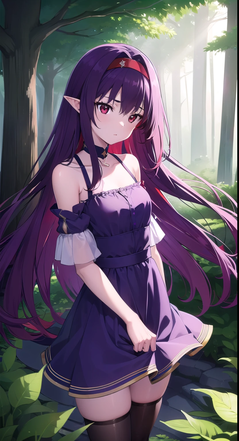 yuukikonno, Yuki Konno, hair band, long hair, pointed ears, purple hair, (red eyes:1.5), (small breasts:1.2), open your mouth,
break black Thighhighs, removed sleeve, Thighhighs, dress, purple dress, armor, purple armor,
break looking at viewer, Upper body, full body,
break outdoors, forest, nature,
break (masterpiece:1.2), highest quality, High resolution, unity 8k wallpaper, (figure:0.8), (detailed and beautiful eyes:1.6), highly detailed face, perfect lighting, Very detailed CG, (perfect hands, perfect anatomy),