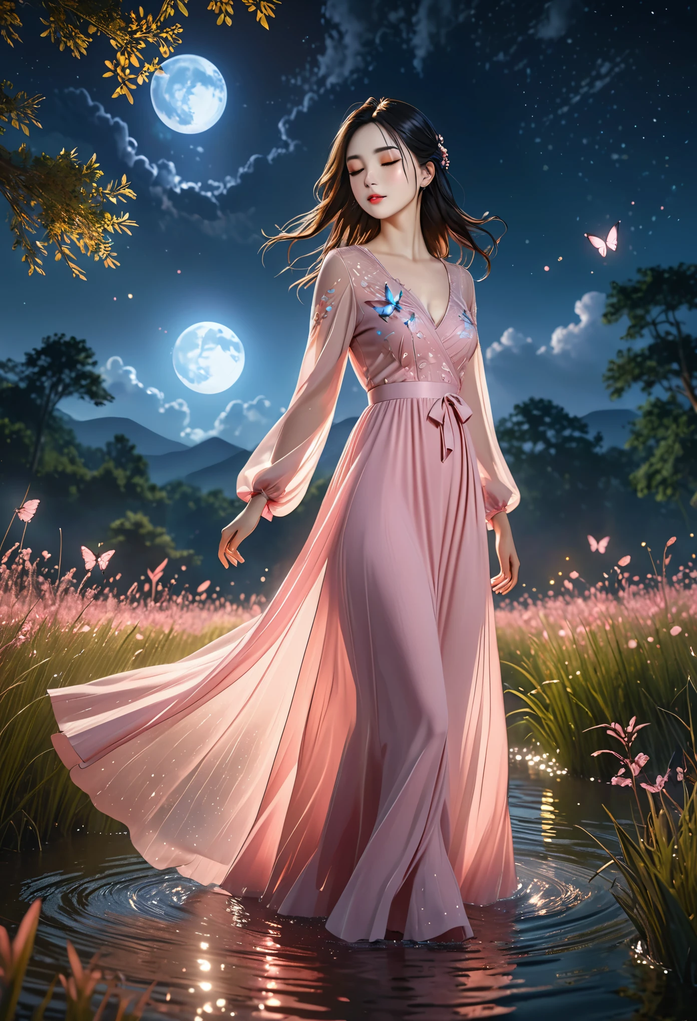 gloomingdress,1girl\(Eyes\(Deep amber,closed eyes,crystal clear,long and delicate eyelashes\),Nose\(Elevated,a slightly upturned nose tip\),Lips\(Rosy color,defined lip line\),Hairstyle\(Black hair,smooth and shiny,slightly wavy at the ends\),Skin\(Fair,blemish-free,as delicate as porcelain\),Clothing\((pink long dress,gorgeous,see-through,light particles,skirt hold,):1.5,walking,wading,(look at viewer,floating hair,outdoor,full body):1.53\),depth of field
Background\((deep night,full moon,bug,glowing butterfly,grassland,forest,lake):1.5,sky\),
masterpiece,best quality,unreal engine 5 rendering,movie light,movie lens,movie special effects,detailed details,HDR,UHD,8K,CG wallpaper