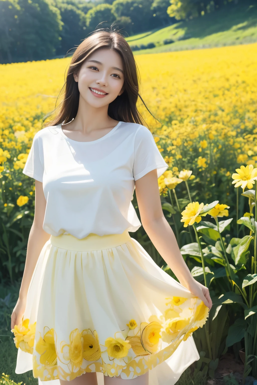 best quality, masterpiece, ultra high resolution, (realistic:1.4), RAW photos, 1 woman, white dress, Yellow T-shirt, skirt, flower field in full bloom, glowing skin, light smile