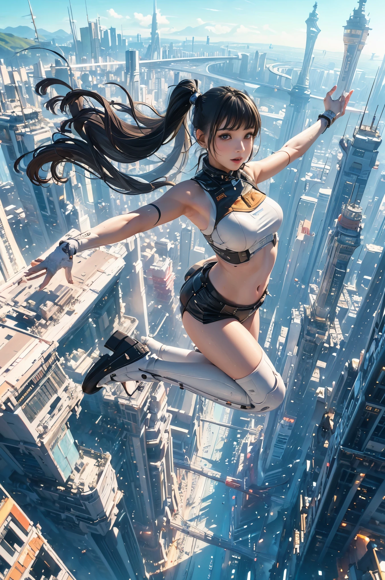 (Super detailed, masterpiece:1.2), extremely detailed artwork, best quality, high resolution, surreal:1.37, long hair girl, amazing leap, background urban cityscape