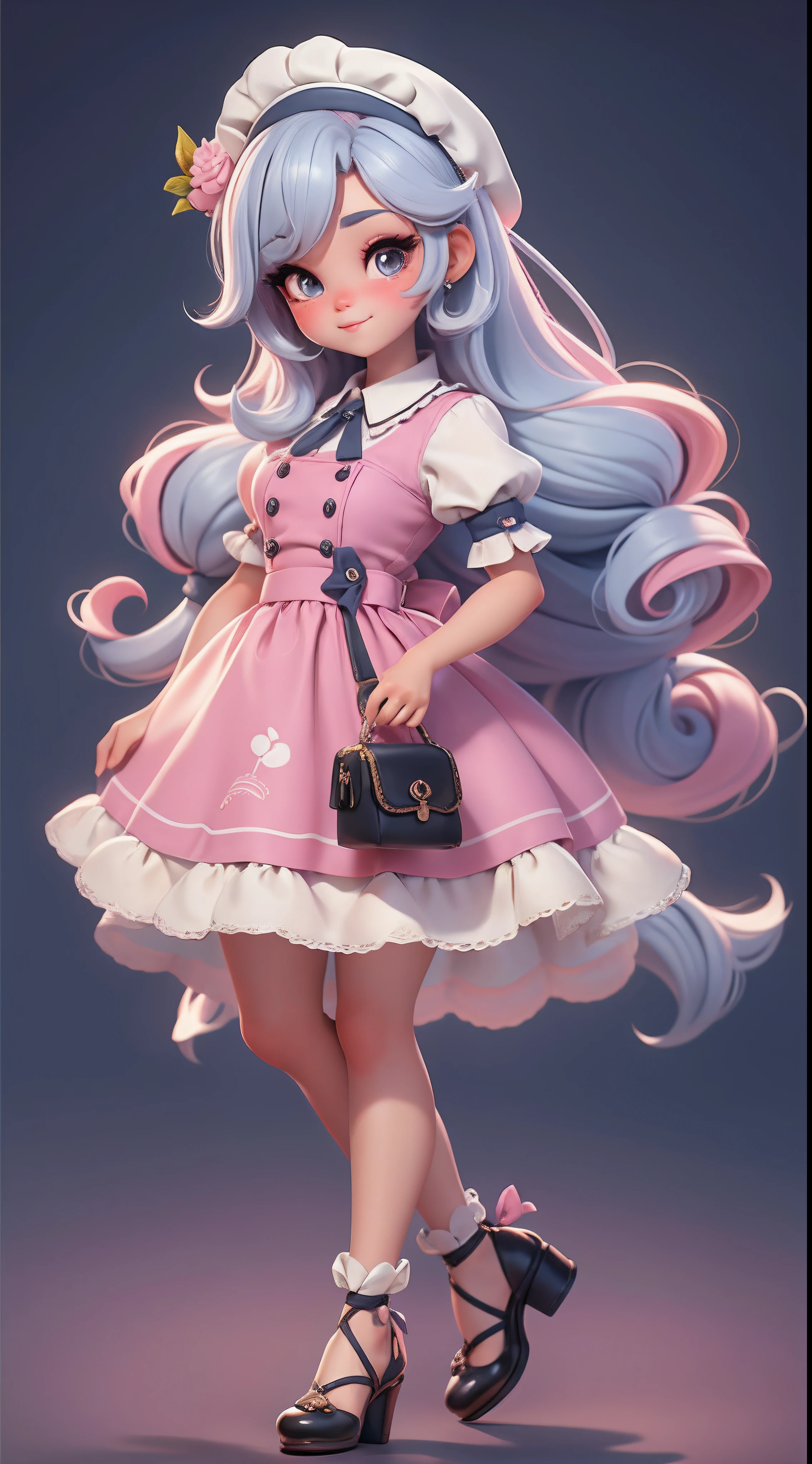 Create a series of chibi-style dolls with a cute pastry chef theme, each with lots of detail and in an 8K resolution. All dolls should follow the same solid background pattern and be complete in the image, mostrando o (corpo inteiro, incluindo as pernas: 1.5)
Boneca Doceira: Chame-a de Bella. Ela deve ter cabelo longo e cacheado em tons pastel, amarrado em duas marias-chiquinhas. Seus olhos devem ser grandes e brilhantes, with long eyelashes and rosy cheeks. Bella deve estar vestida com um vestido de confeiteira, com avental estampado de cupcakes e saia rodada. She must wear a chef's cap and have a pastry bag in her hand, enquanto na outra segura um prato com cupcakes decorados. Don't forget the details of the cupcakes, com coberturas coloridas e enfeites encantadores, sapato bonito
Certifique-se de adicionar sombras, texturas e detalhes nos cabelos, roupas, confectionery utensils and sweets from each doll, to make them even more adorable and charming.