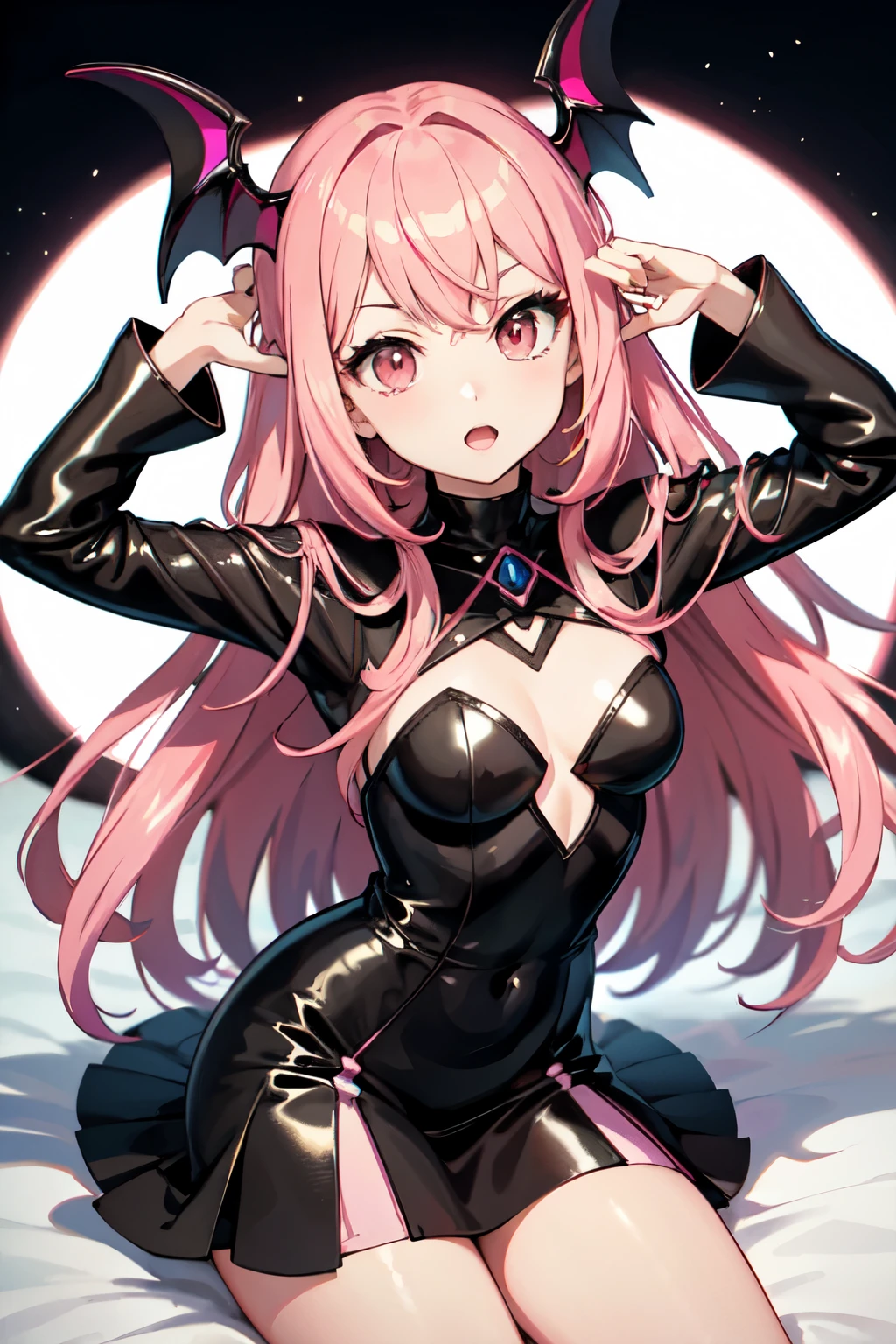((anime)), ((Mejor calidad)), ((obra maestra)), (detallado), cara perfecta, ojos color rojo intenso, pelo rosa, pink, pelo liso, dos coletas delanteras, vampira, vtuber, friki