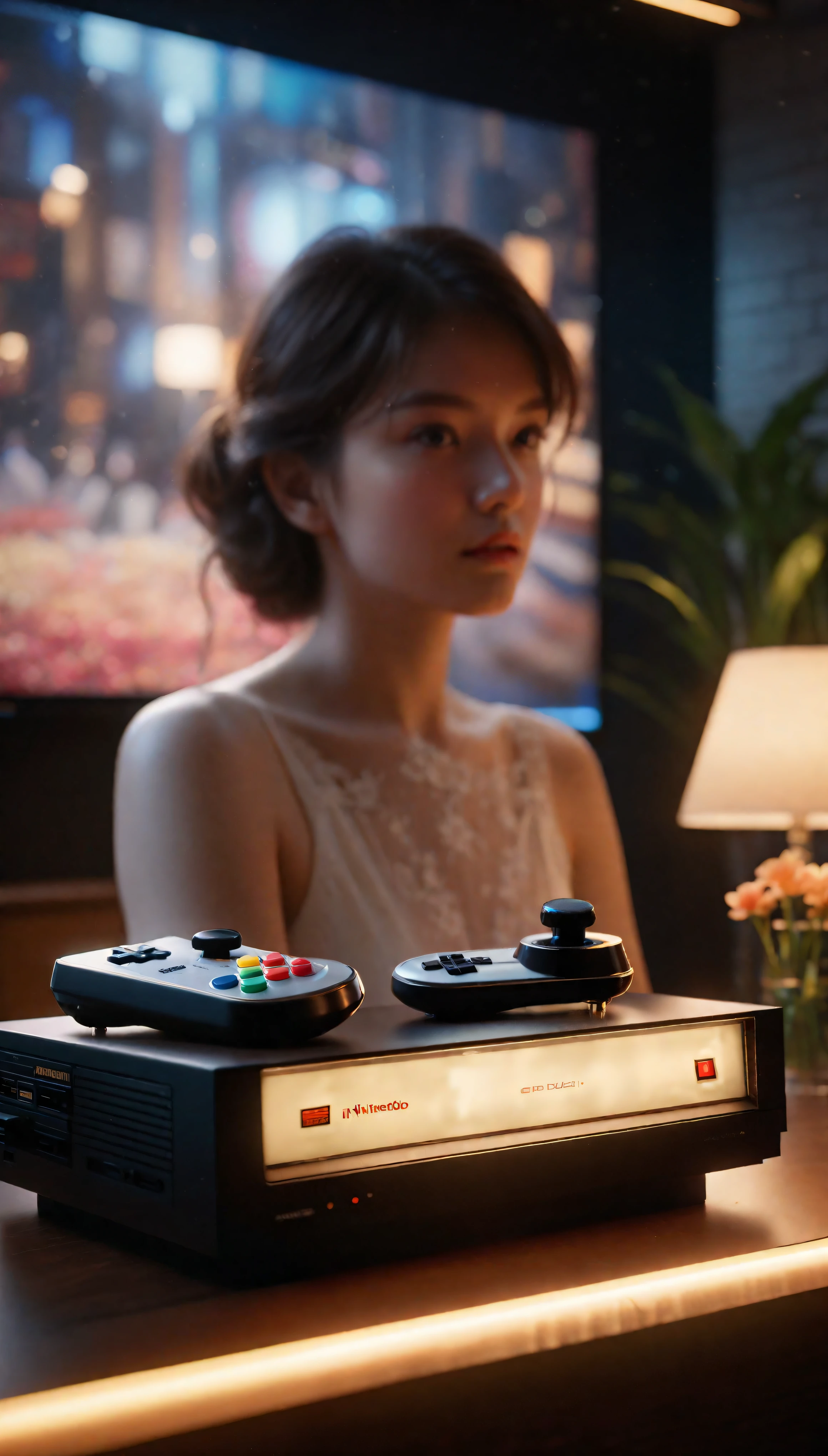 ((Masterpiece in maximum 16K resolution):1.6),((soft_color_photograpy:)1.5), ((Ultra-Detailed):1.4),((Movie-like still images and dynamic angles):1.3). | (Macro shot cinematic photo of a classic nintendo entertainment system), ((classic nintendo controller):1.2), (retro game), (macro lens), (CRT Televison), (luminous object), (nostalgic living room), (shimmer), (aesthetic flowers vase), (visual experience),(Realism), (Realistic),award-winning graphics, dark shot, film grain, extremely detailed, Digital Art, rtx, Unreal Engine, scene concept anti glare effect, All captured with sharp focus. | Rendered in ultra-high definition with UHD and retina quality, this masterpiece ensures anatomical correctness and textured skin with super detail. With a focus on high quality and accuracy, this award-winning portrayal captures every nuance in stunning 16k resolution, immersing viewers in its lifelike depiction. | ((perfect_composition, perfect_design, perfect_layout, perfect_detail, ultra_detailed)), ((enhance_all, fix_everything)), More Detail, Enhance.